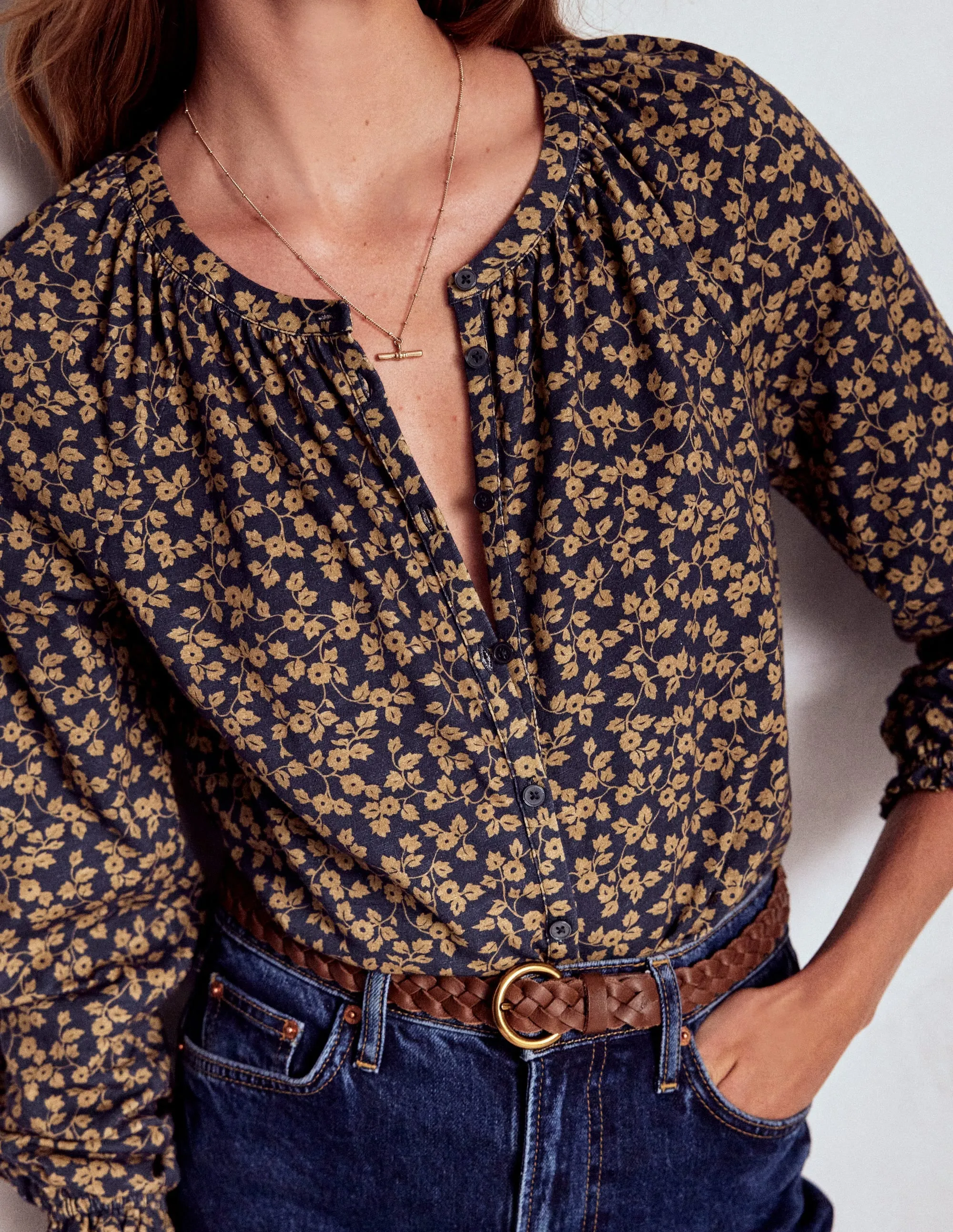 Isla Long Sleeve Jersey Shirt-Hazelnut Brown, Delicate Vine Resilient Elasticity Button Down Collar