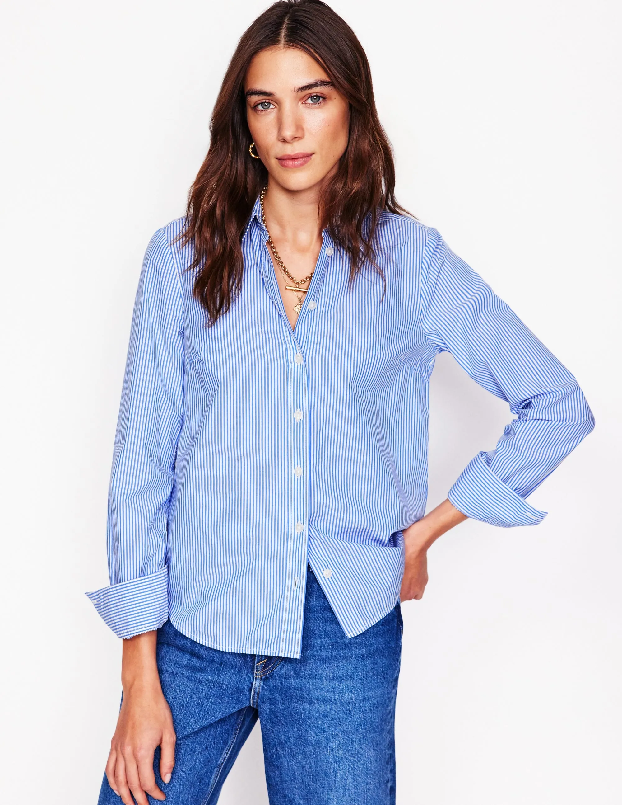 Sienna Cotton Shirt-Fine Blue Stripe Layered Shoulder Reinforced Elbow Patches
