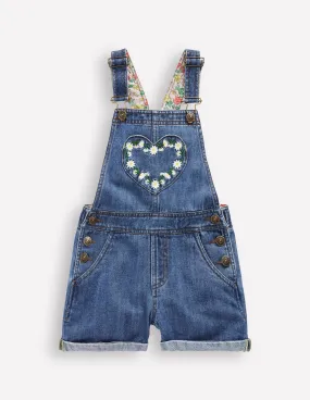Natural Style Heart Pocket Short Dungarees-Vintage Embroidered Daisy