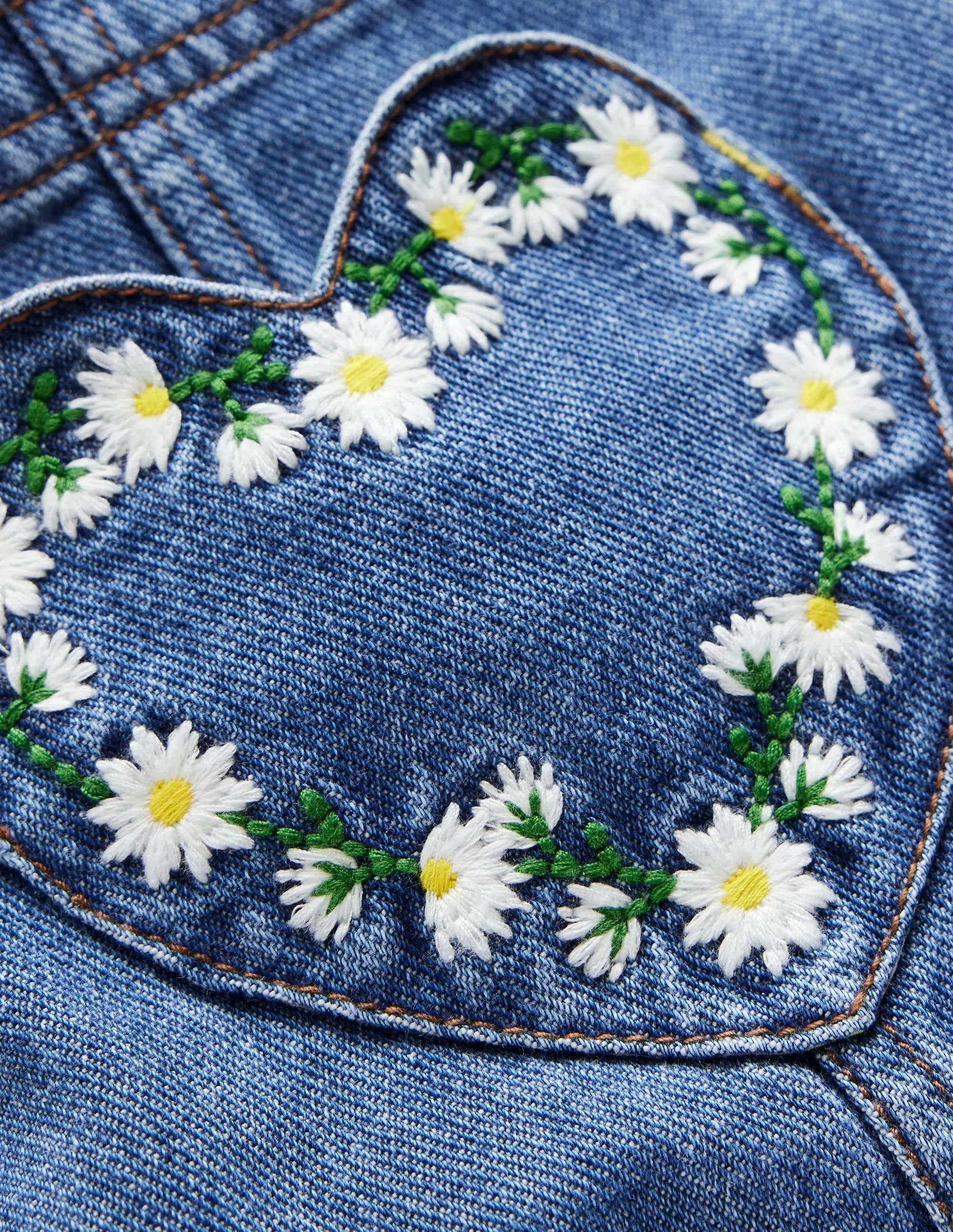 Heart Pocket Short Dungarees-Vintage Embroidered Daisy Sleeveless