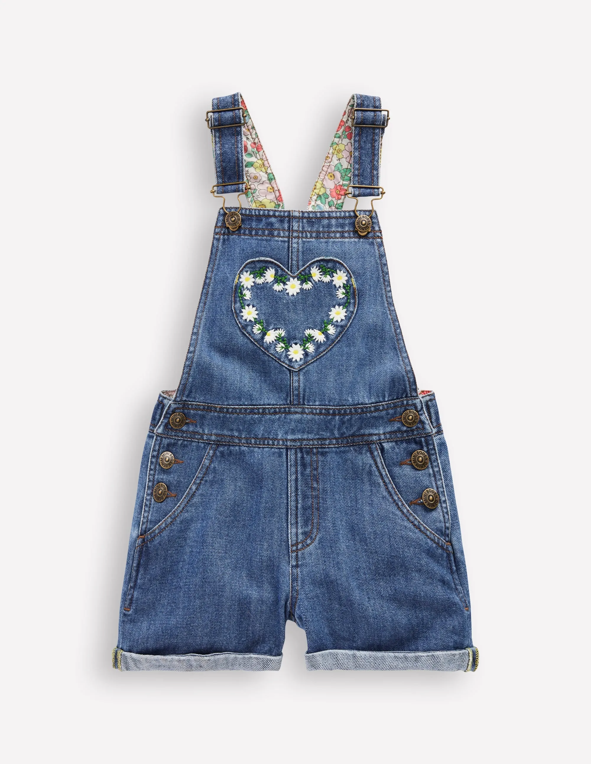 Winter-Season Subtle Flow Heart Pocket Short Dungarees-Vintage Embroidered Daisy