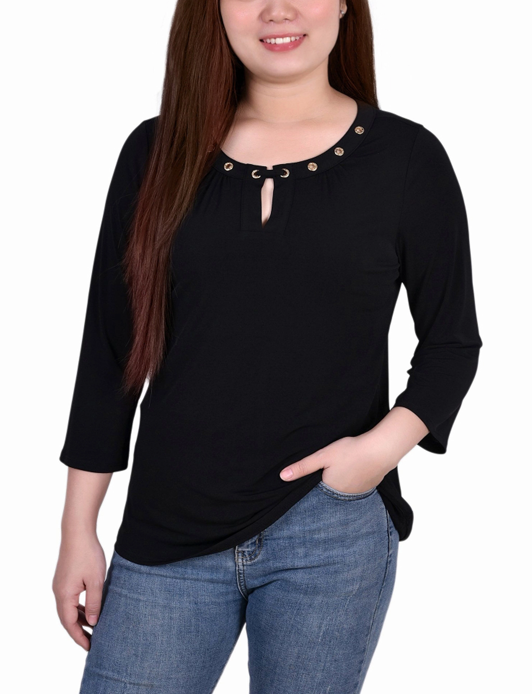3/4 Sleeve Grommet Top Sporty Sweatshirt