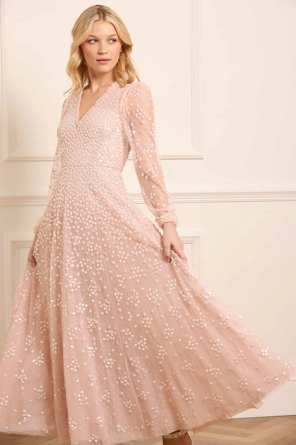 Leila Dot V-Neck Ankle Gown Flattering Style Fit