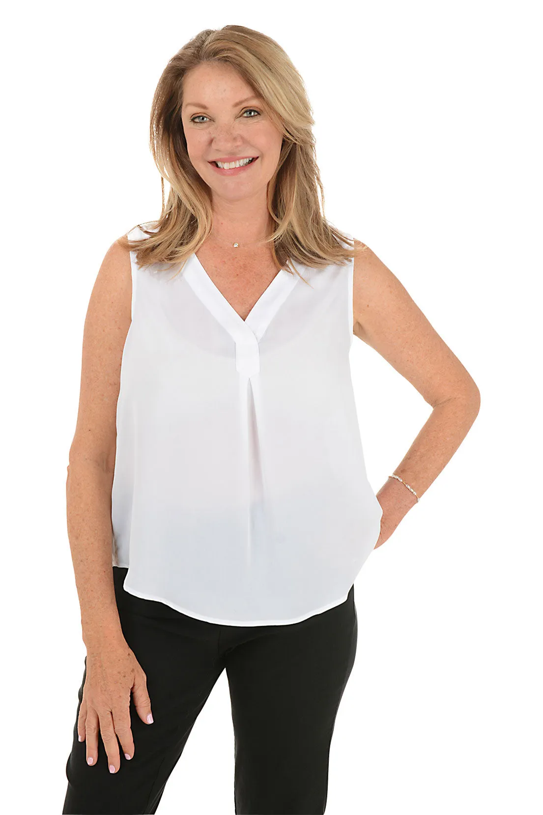 Solid Crepe V-Neck Sleeveless Blouse Flatlock Seams Reinforced Stress Points