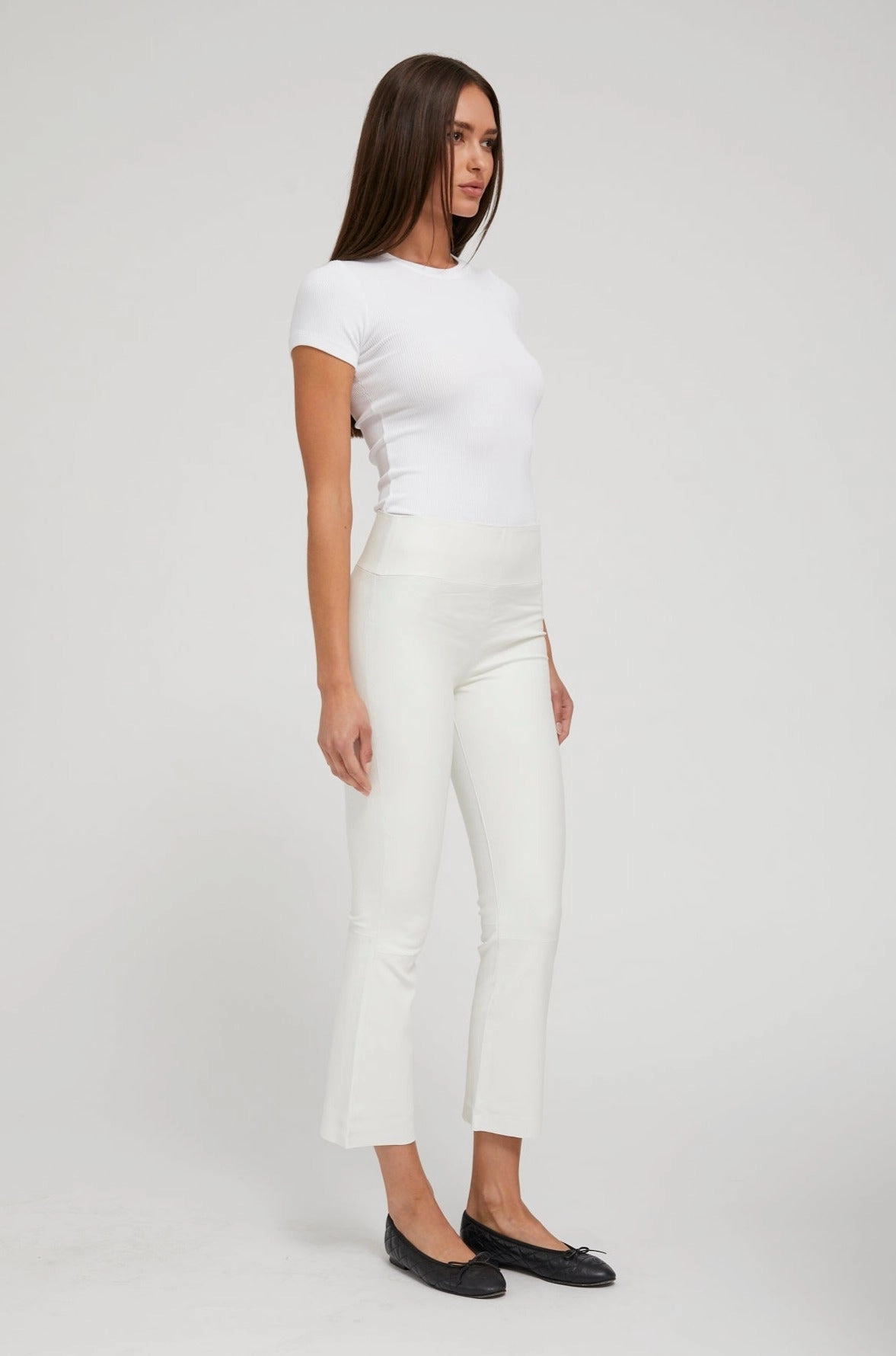White Leather Crop Flare Silicone Hem Binding