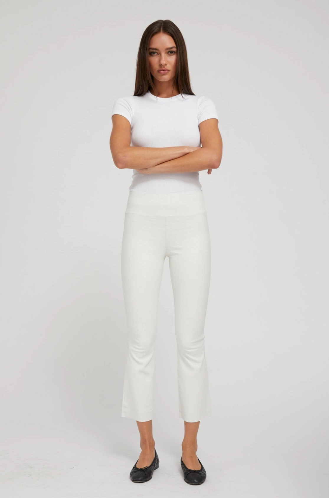 White Leather Crop Flare Classic Cut