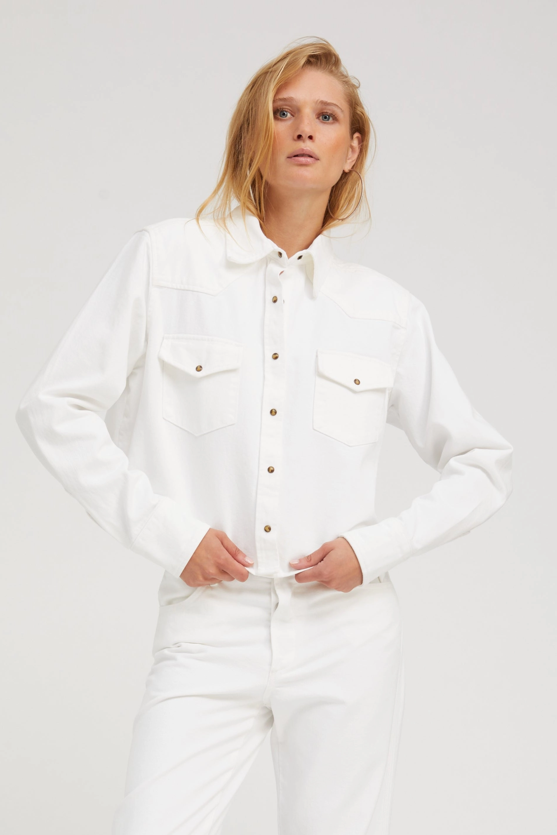 Sophia Denim Cropped Western Button Down GarmentWashedFinish Wicking Inner Lining