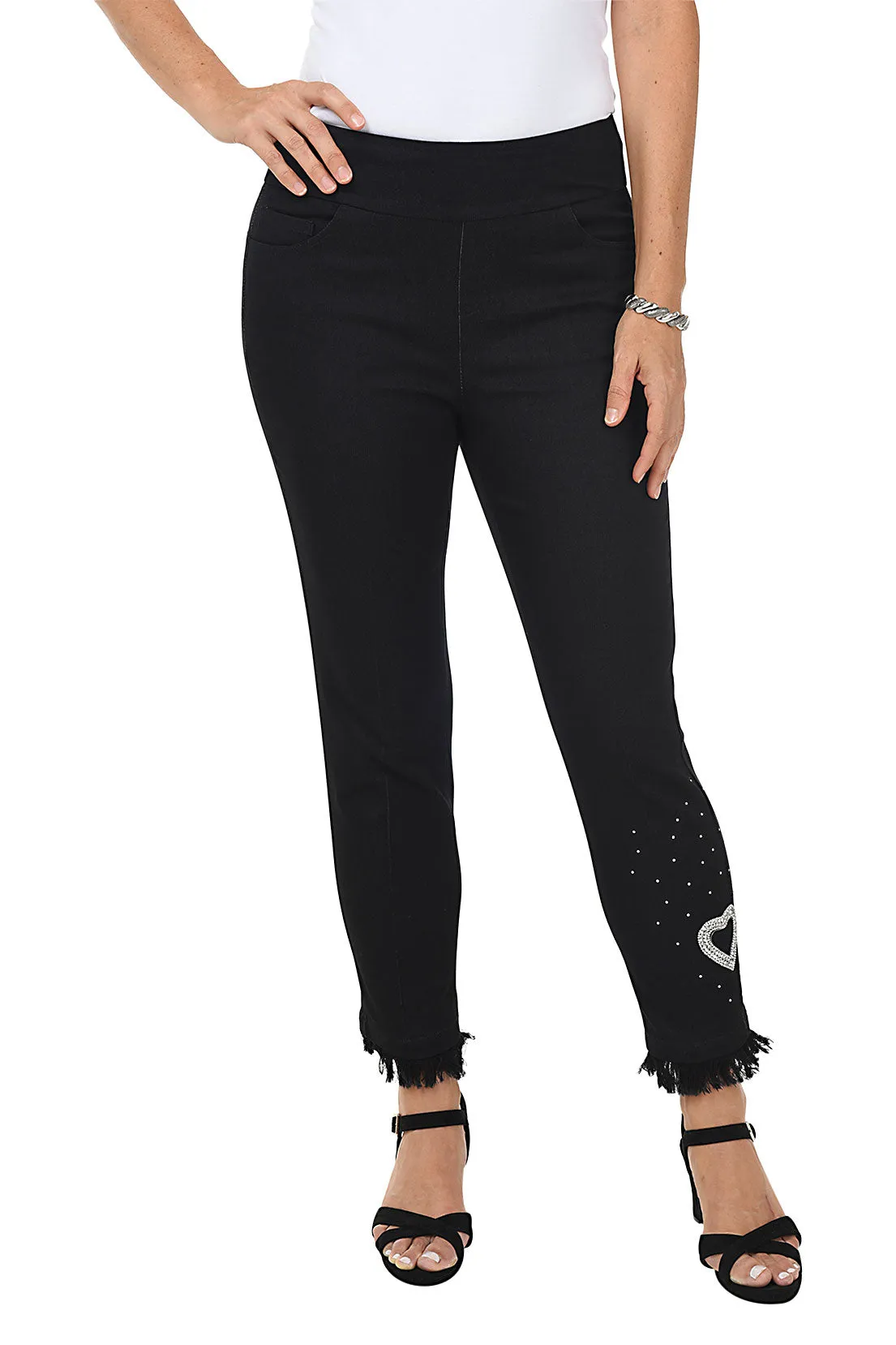 Sparkly Heart Frayed Denim Crop Pant Warm Layer