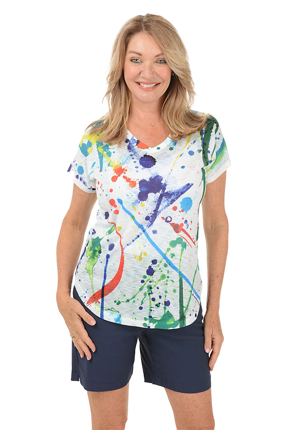 Layered Collar Splash Short Sleeve Slub Knit Top