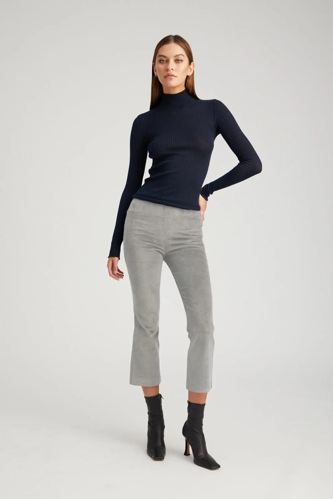 Grey Corduroy Crop Flare Pants Side slits Casual Fit