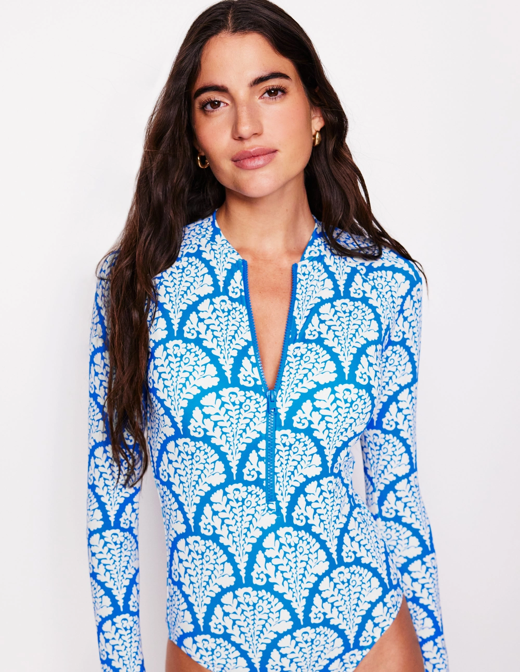 Sporty Raglan Sleeve Swimsuit-Bright Blue, Blossomy Ocean Swimwear Rubber Free Elastic Bands