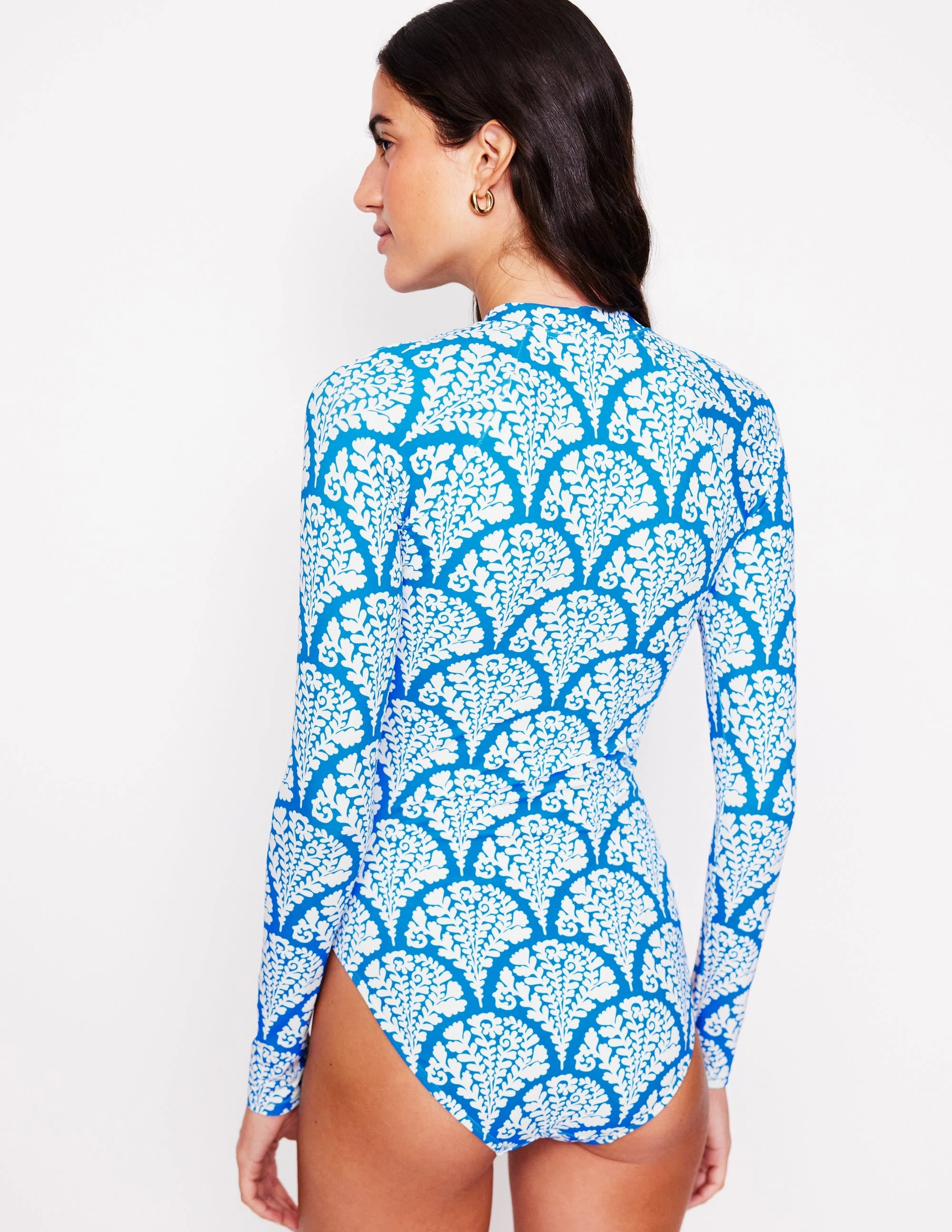 Sporty Raglan Sleeve Swimsuit-Bright Blue, Blossomy Sunset Views