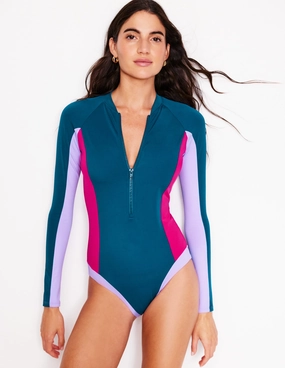 Seamless Edge Binding UPF Protective Lining Sporty Raglan Sleeve Swimsuit-Oceanside Blue