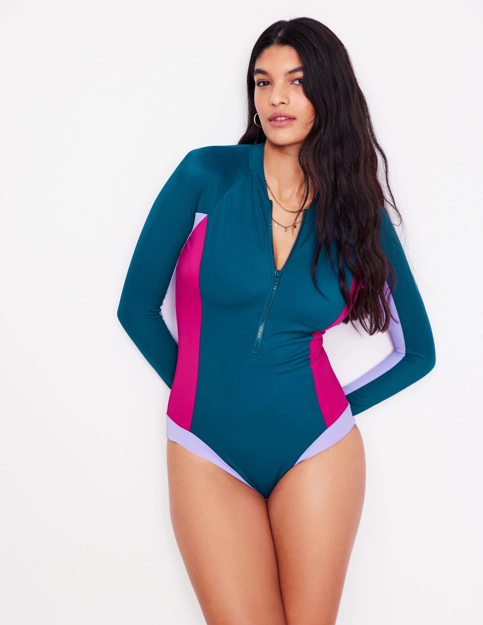 Sporty Raglan Sleeve Swimsuit-Oceanside Blue Pool Party Outfit
