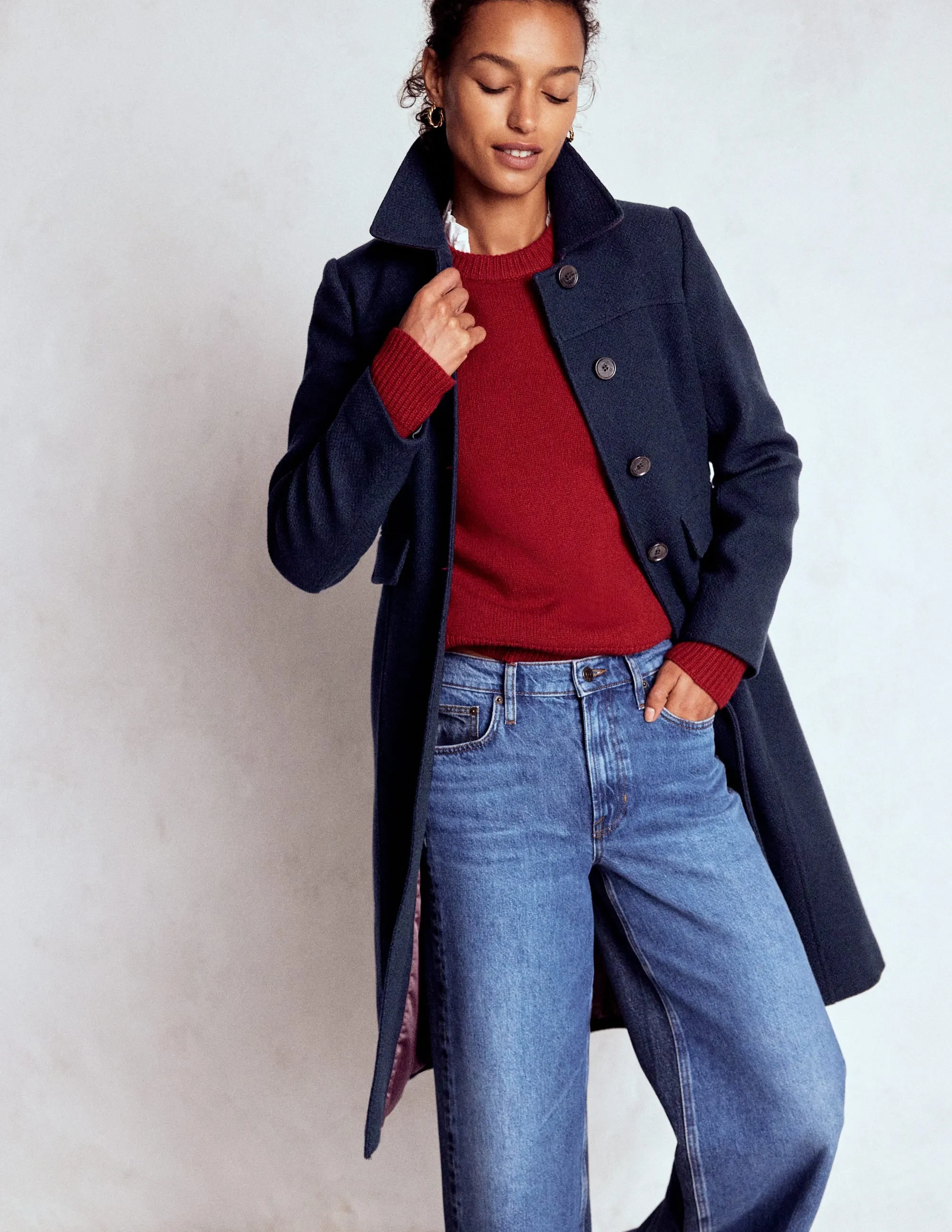 St Albans Coat-Navy Mid Season Wear High Collar Design