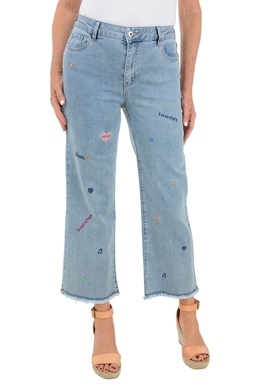Form Fit Comfort Serendipity Embroidery Wide Leg Denim Pant