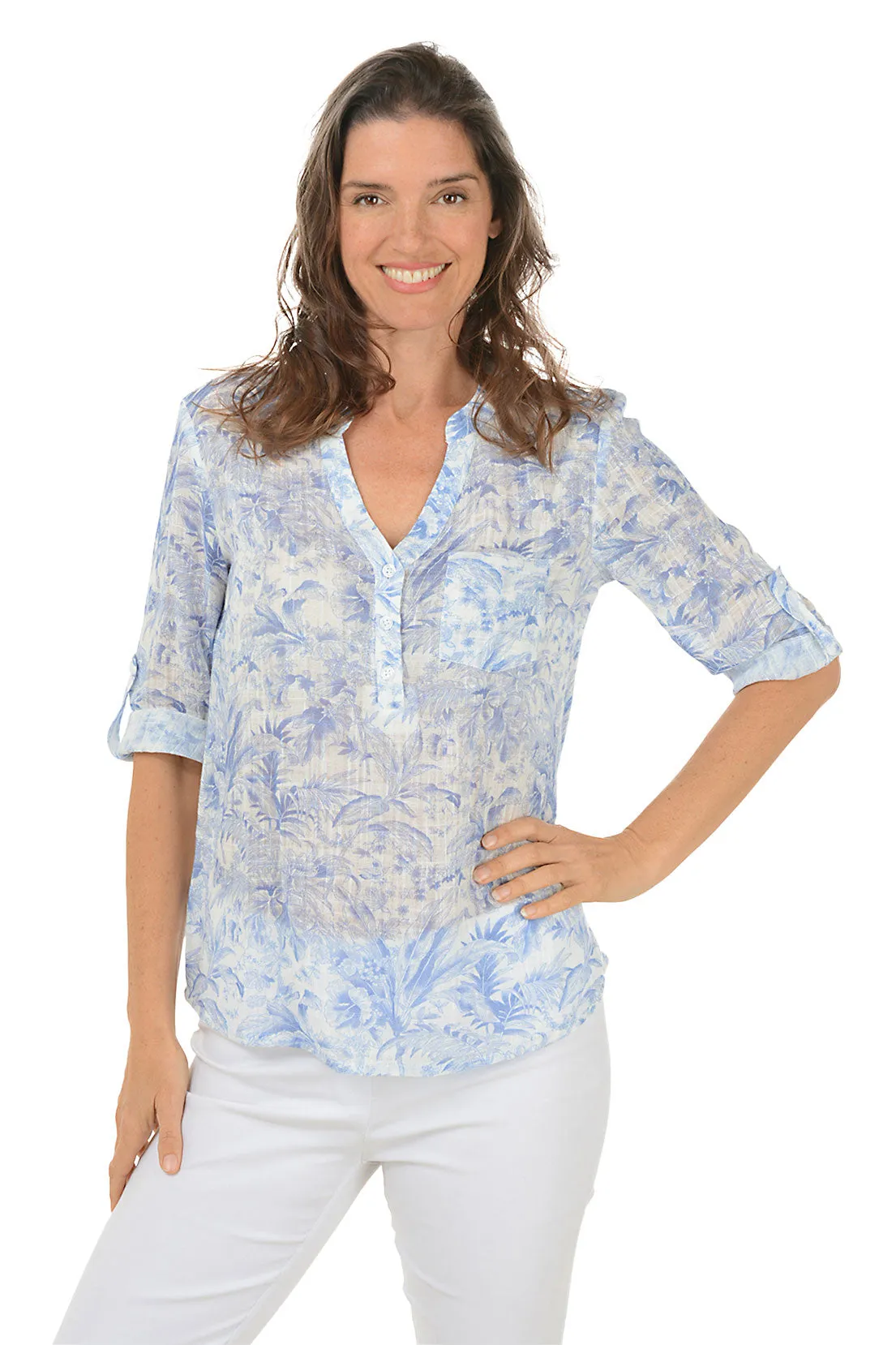 Tropical Jungle Gauze Henley Blouse Breathable Mesh Insert