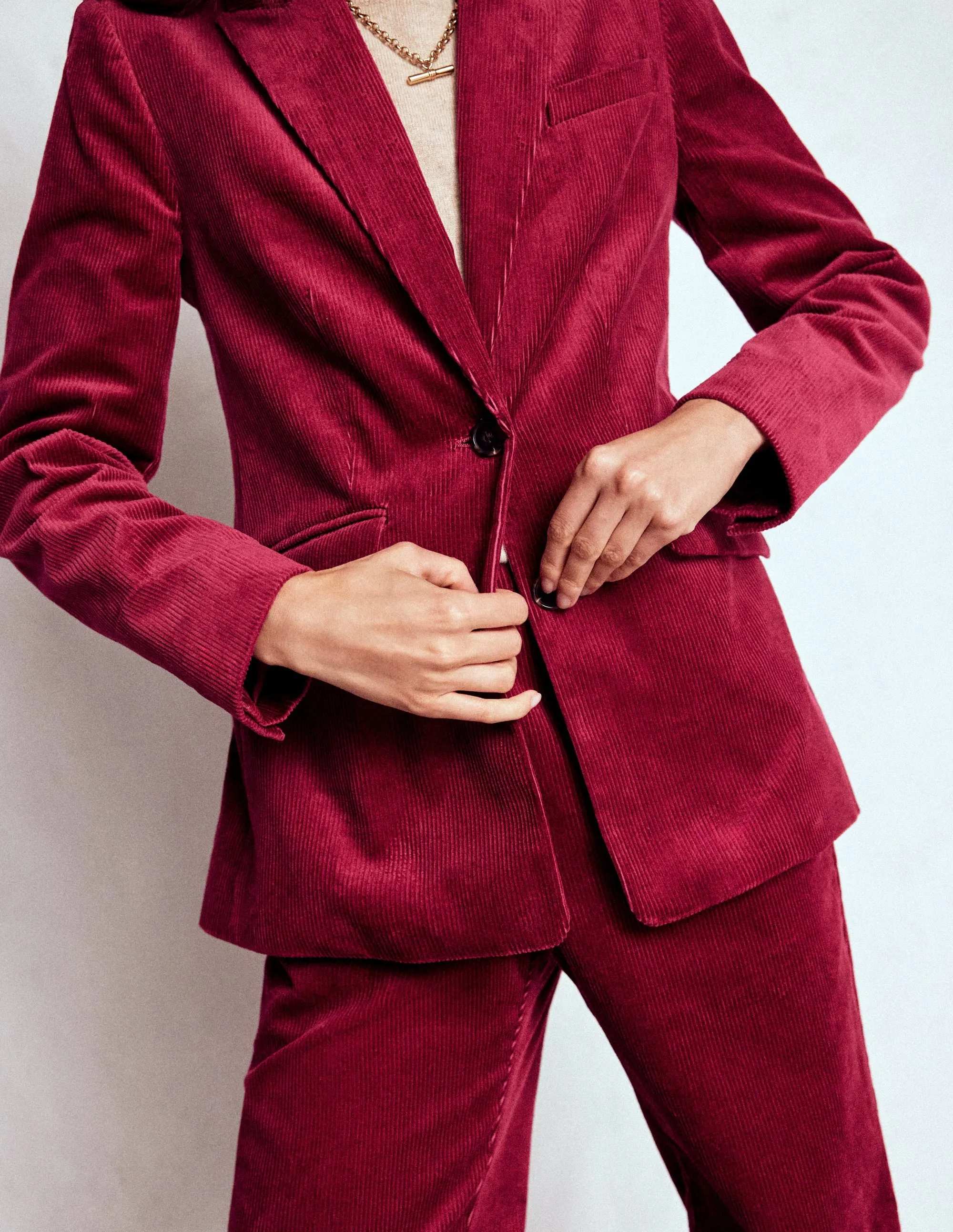 Monochrome Look Stamford Cord Blazer-Burgundy Red