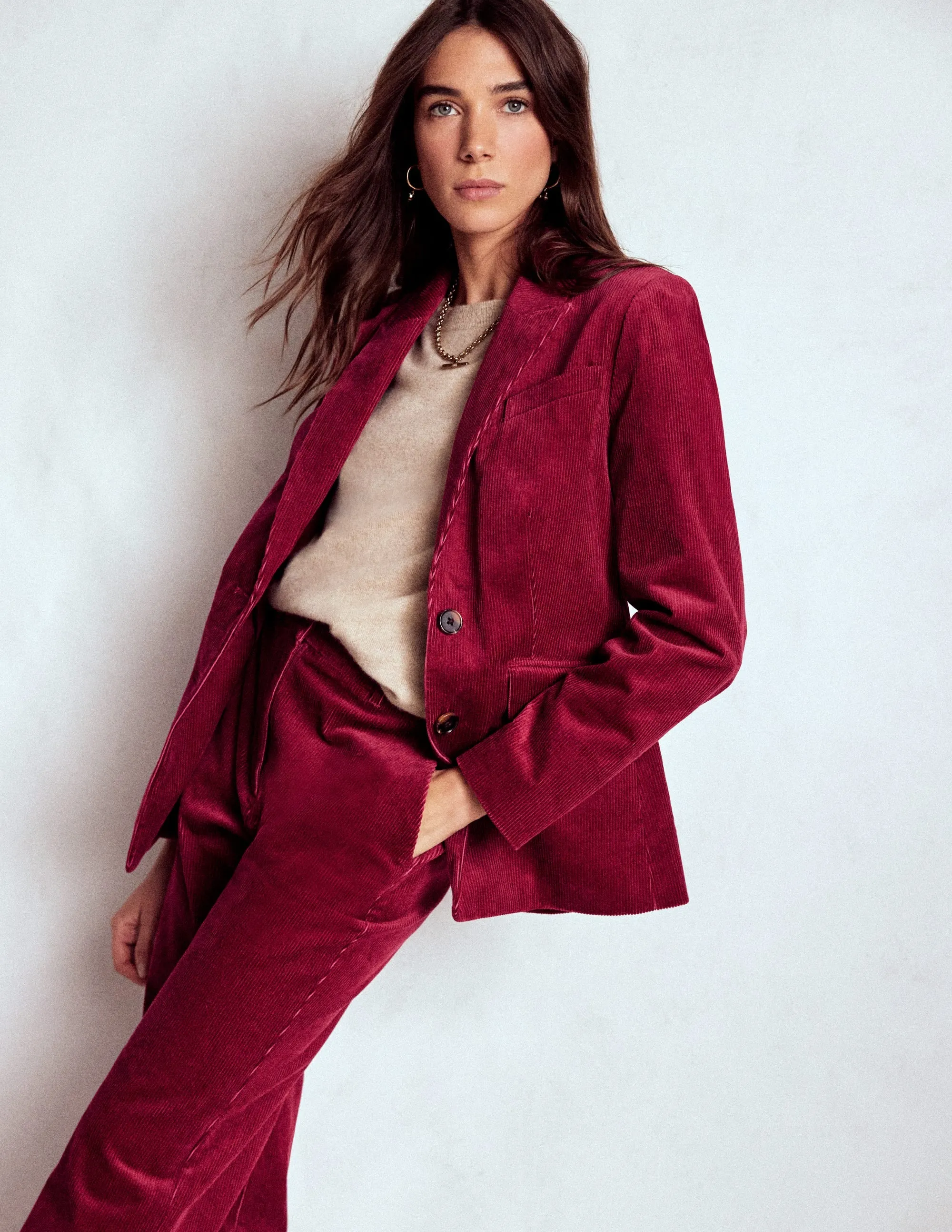 Neutral Style Stretchable Fabric Stamford Cord Blazer-Burgundy Red