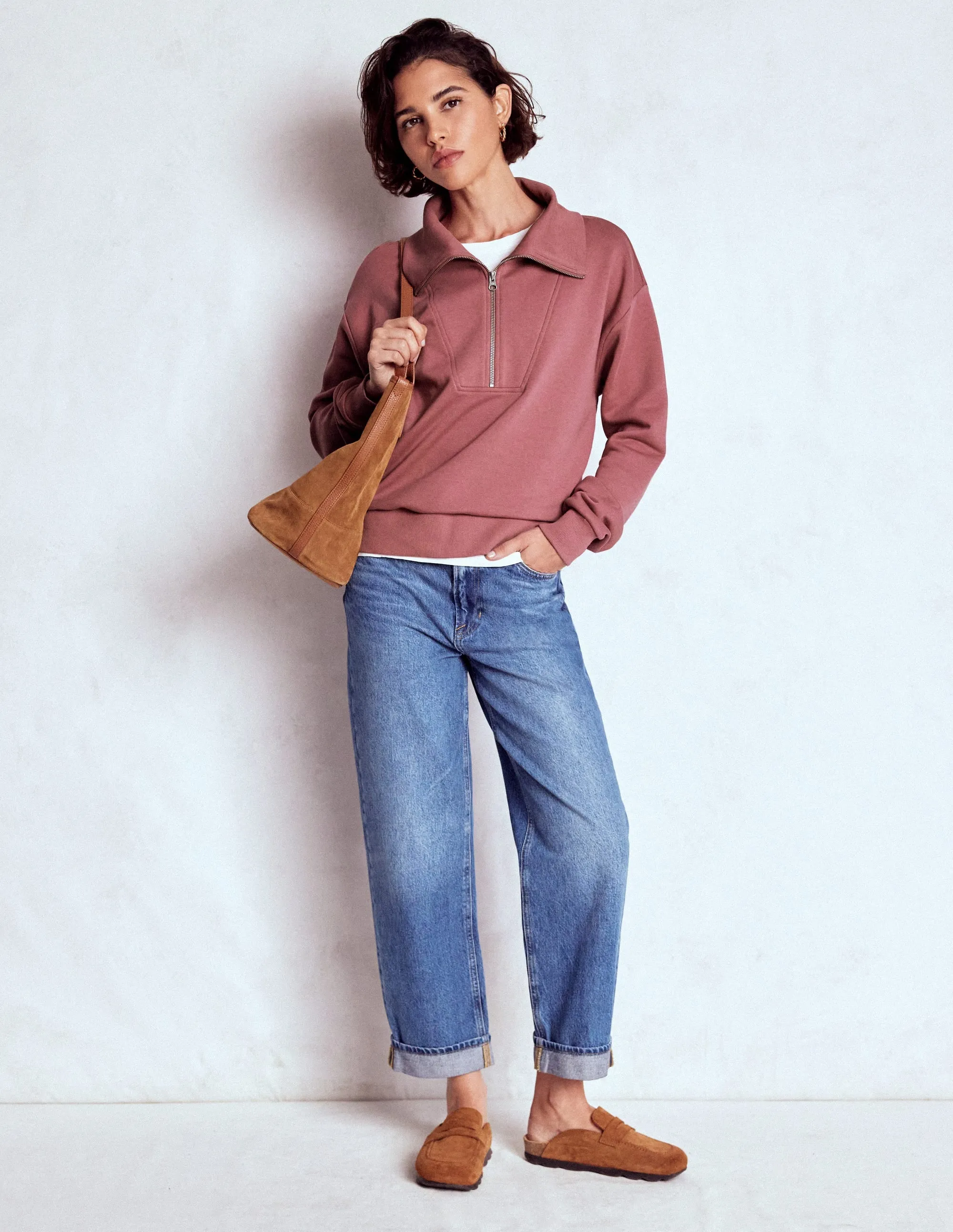 Panelled Half-zip Sweatshirt-Blushing Rose Garment Washed Finish