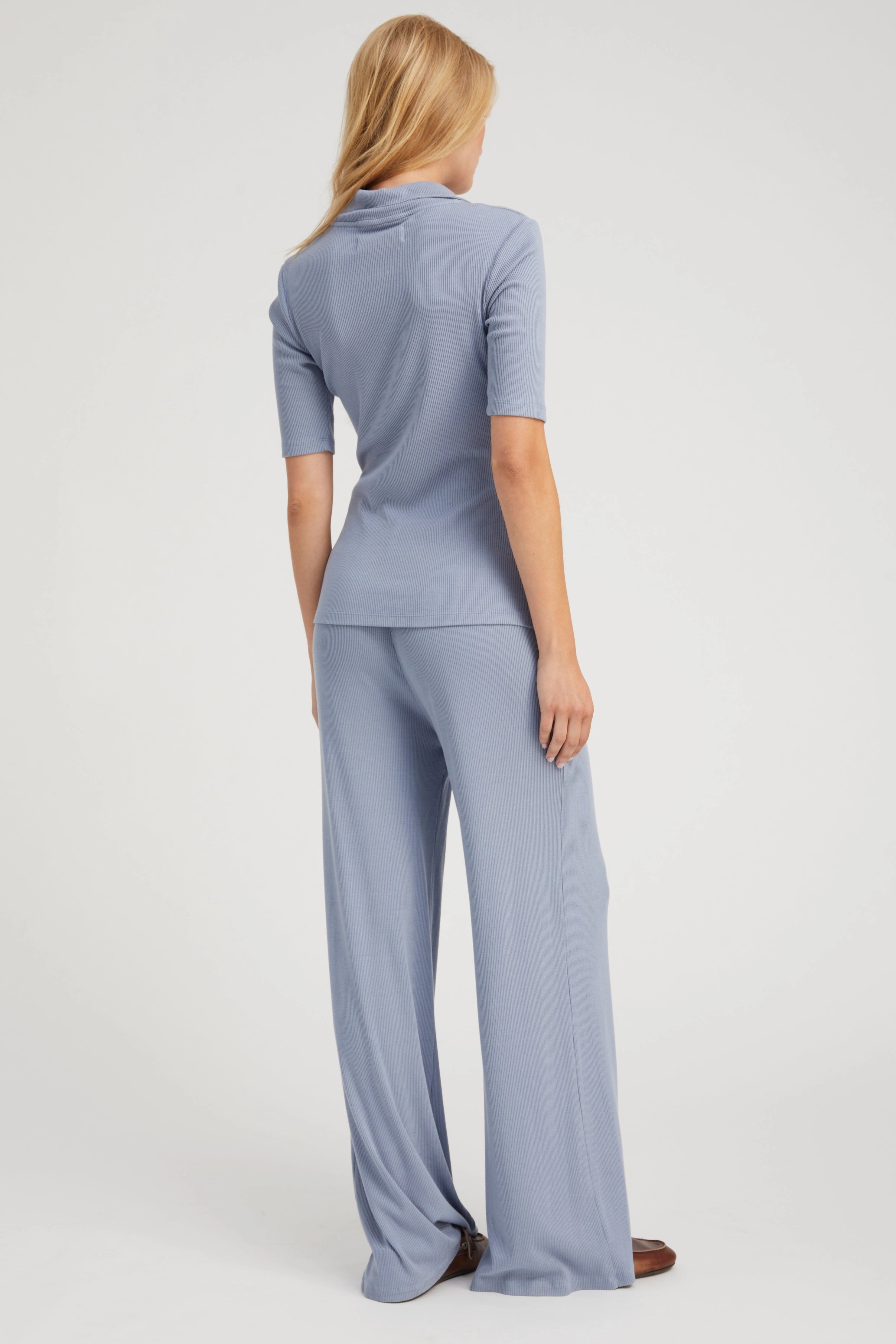 Low Profile Zipper casual top Steel Blue Rib Mid Sleeve Polo