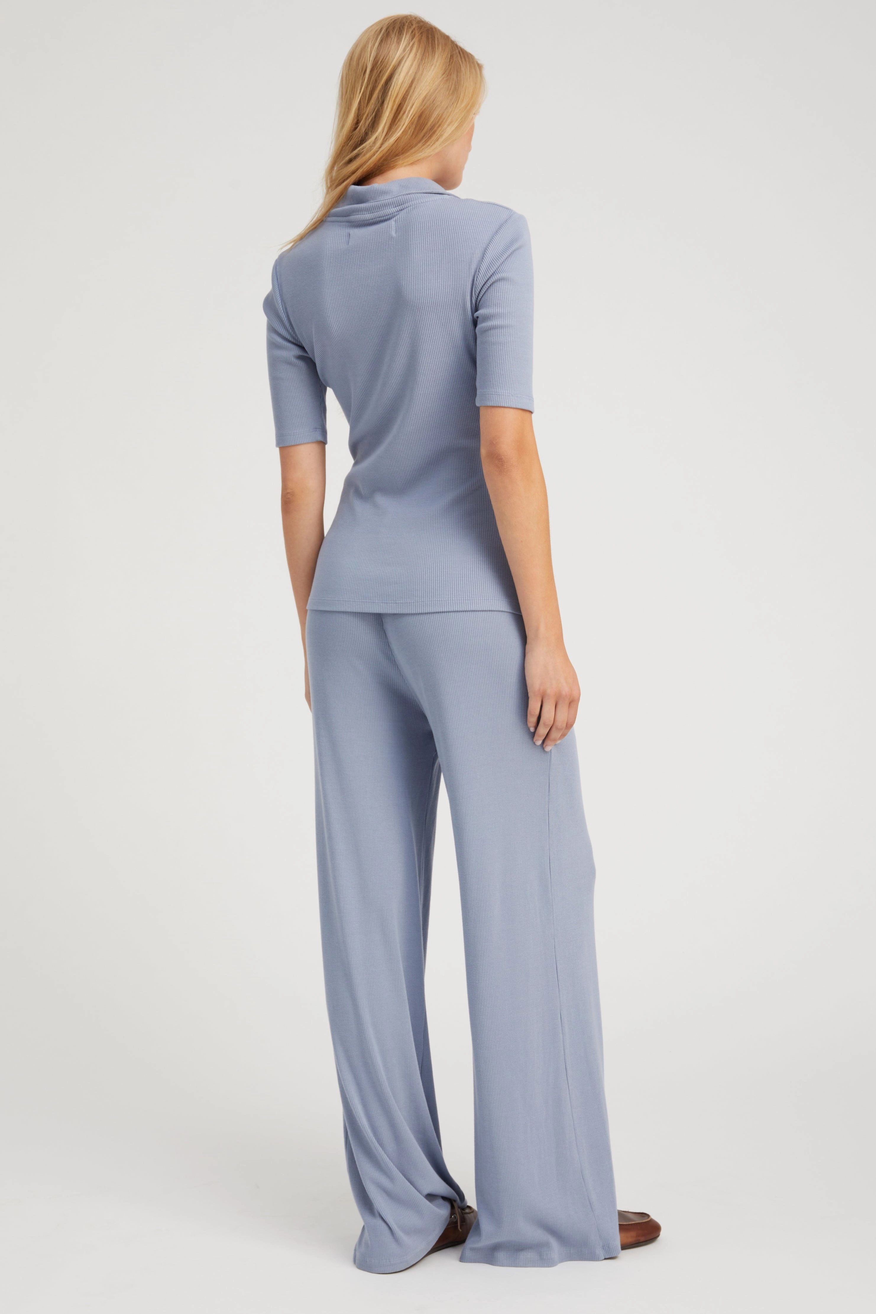 Steel Blue Rib Mid Sleeve Polo Versatile Layering Piece Soft Blended Fabric