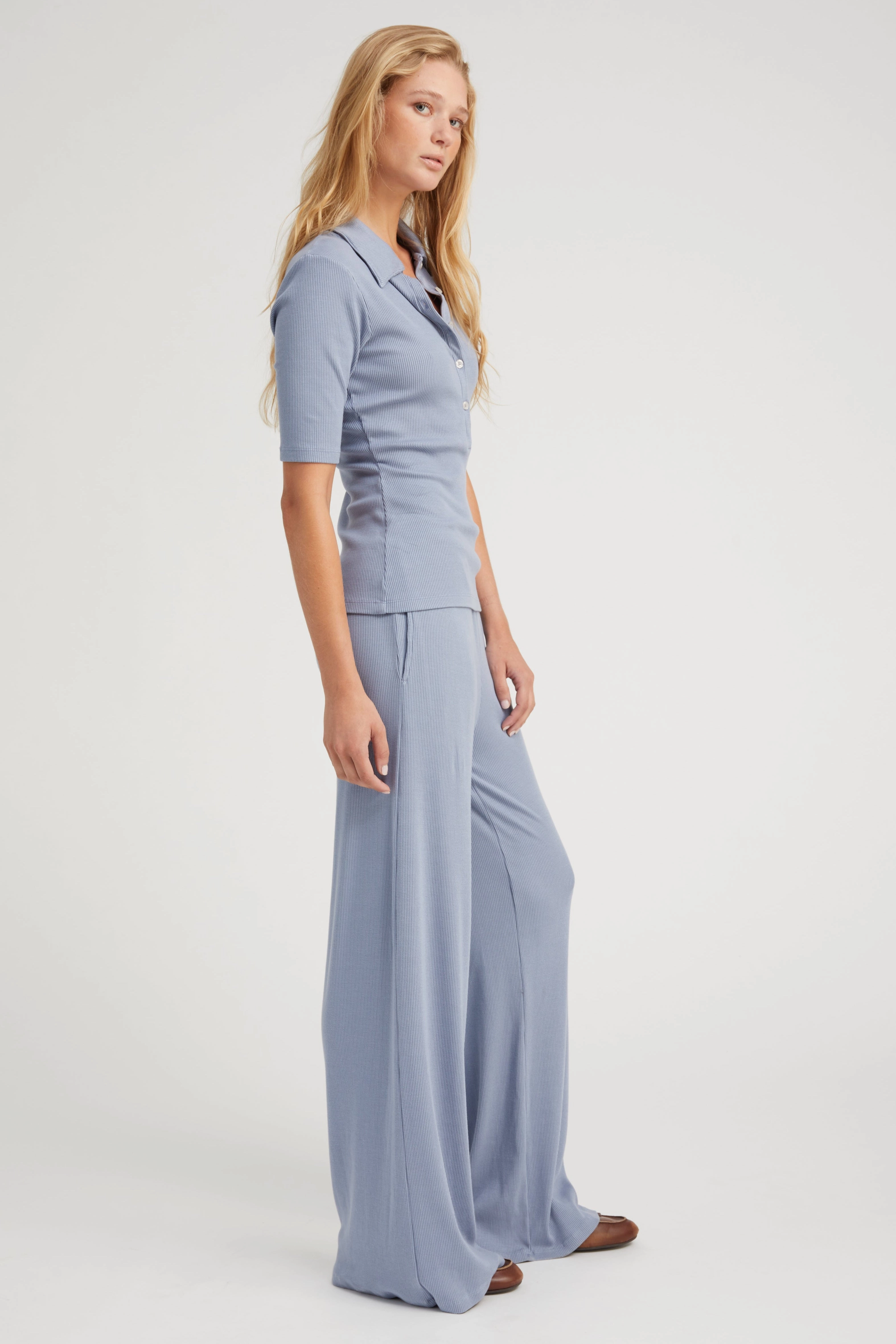 Steel Blue Rib Mid Sleeve Polo WrinkleFree Weaving Summer Wardrobe