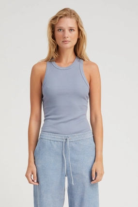 Steel Blue Rib Racer Tank Reinforced Shoulder Seams Non Chafe Armholes