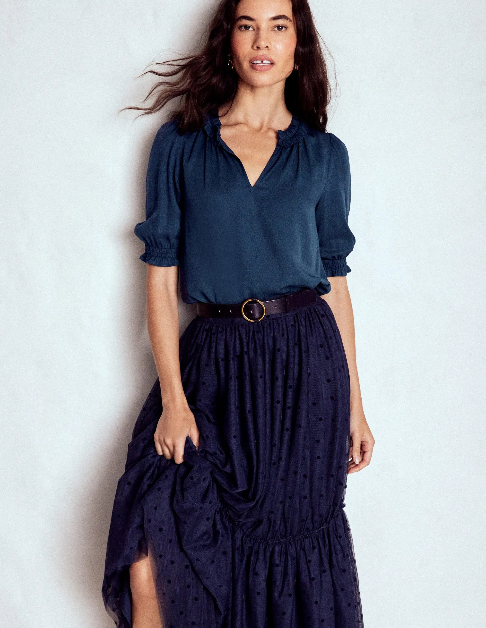 AntiPilling Surface Comfortable fit Ria Short Sleeve Top-Navy