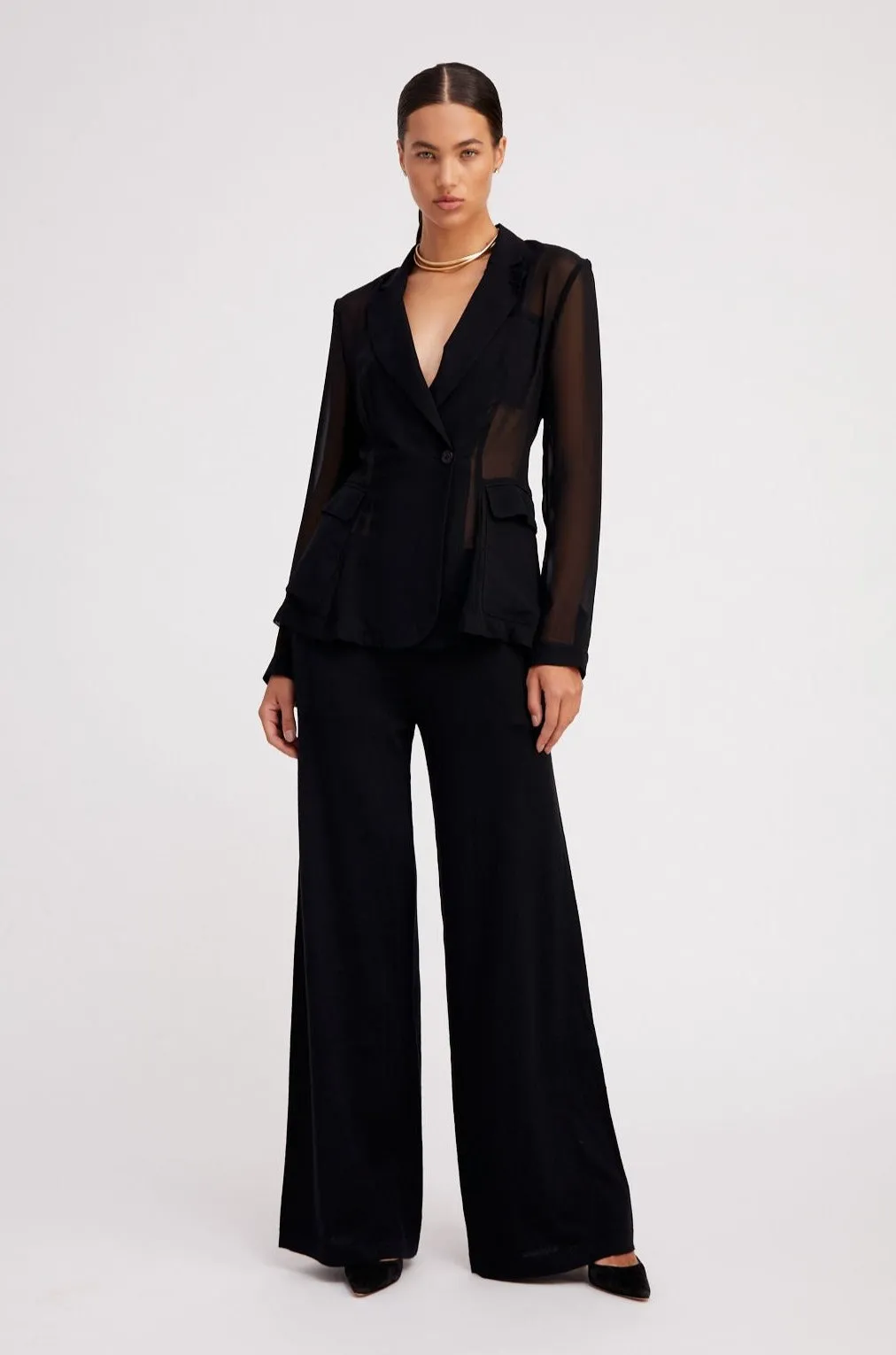 Non Restrictive Mobility Minimal Look Black Silk Chiffon Fitted Blazer