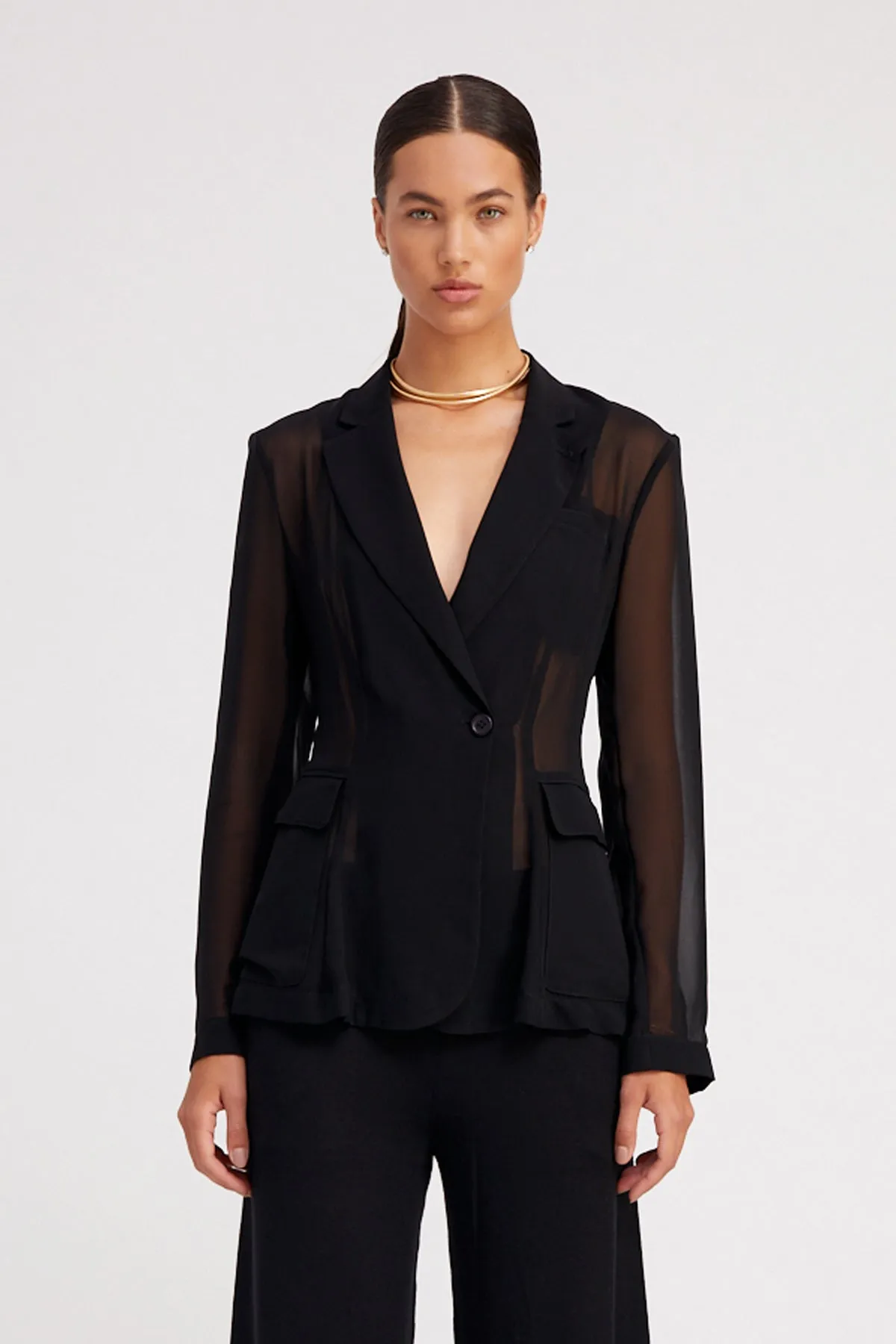 Black Silk Chiffon Fitted Blazer Bonded Collars