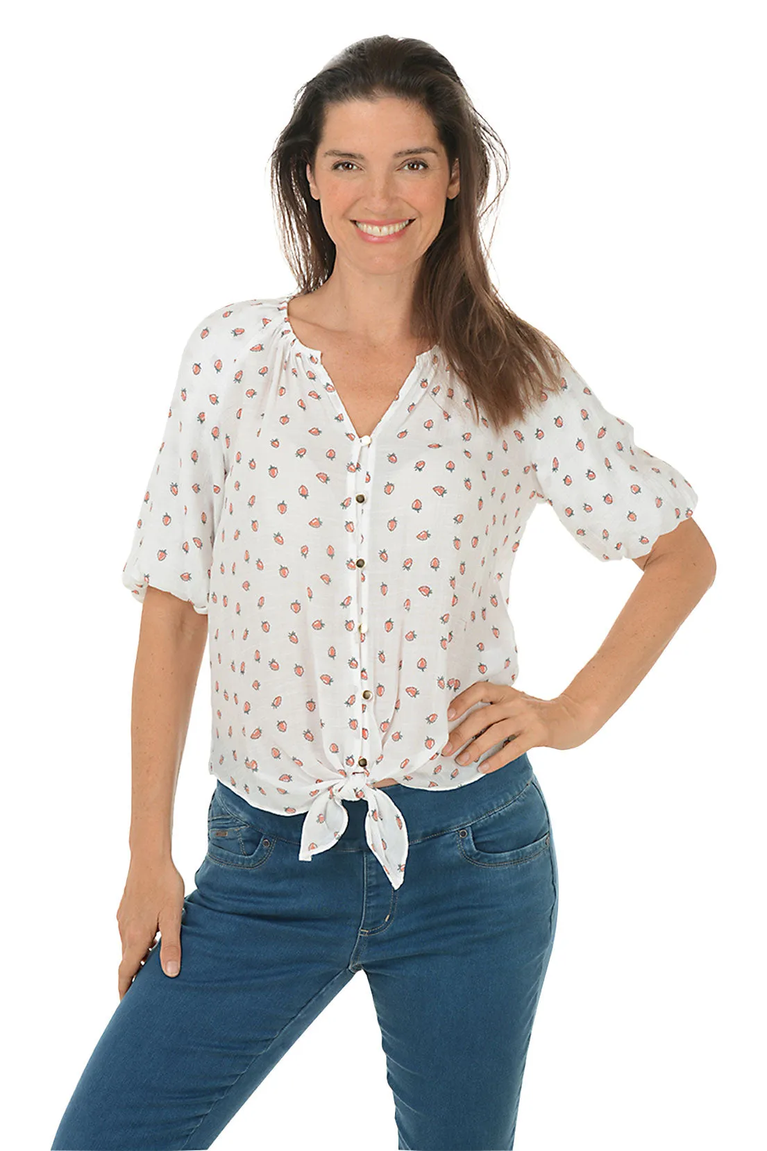 Strawberries Puffed Short Sleeve Shirt Wrinkle Free Weave