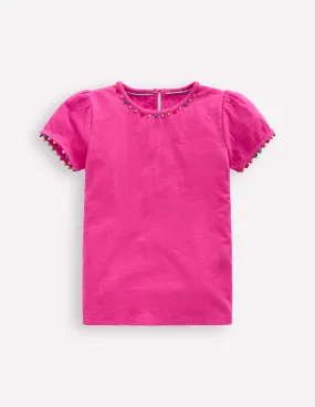 LowImpactDye Circular Knit Design Ali Puff Sleeve Pom T-Shirt-Flamingo Pink