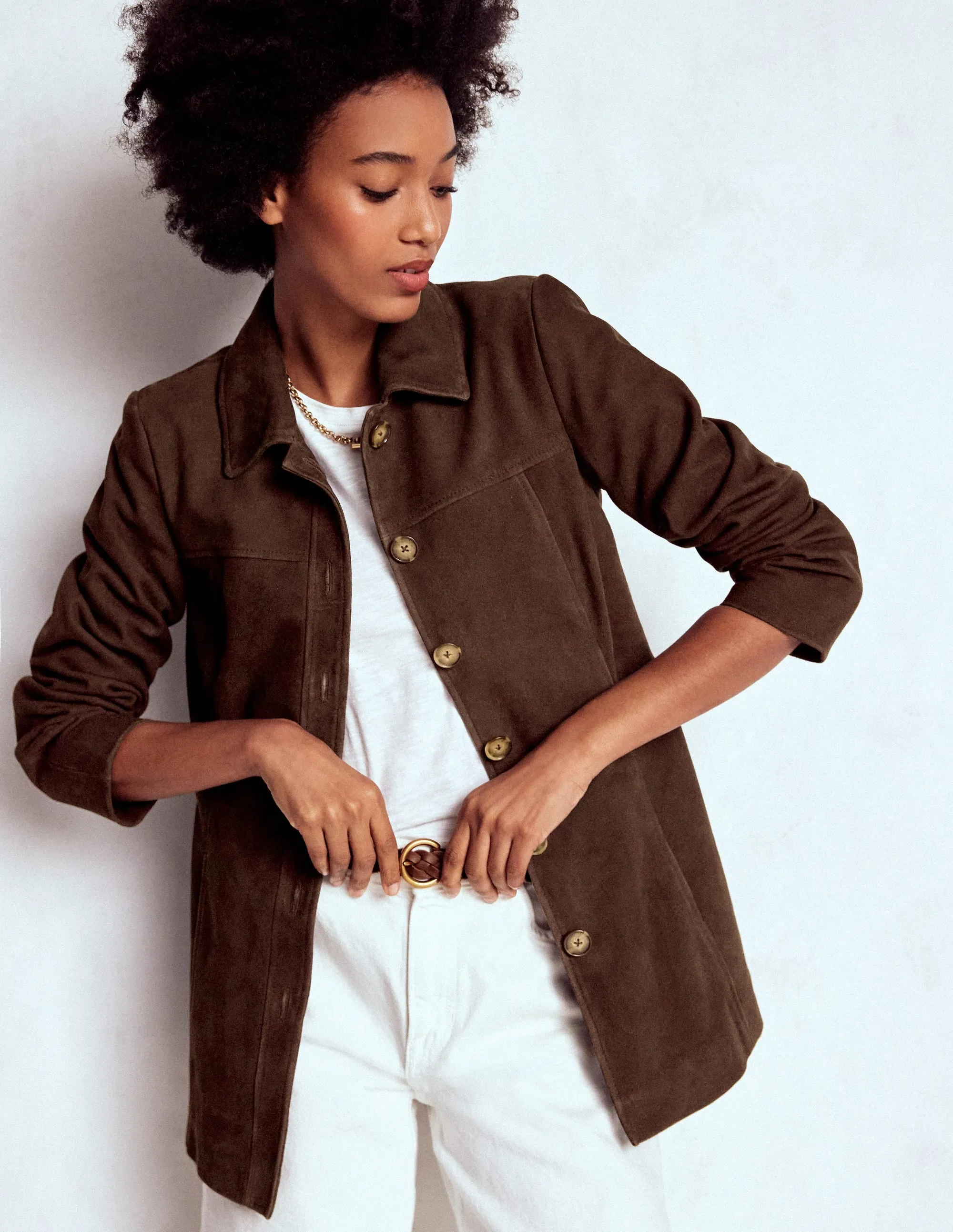 Body Mapped Ventilation StretchFit Silhouette Suede Jacket-Chocolate Suede