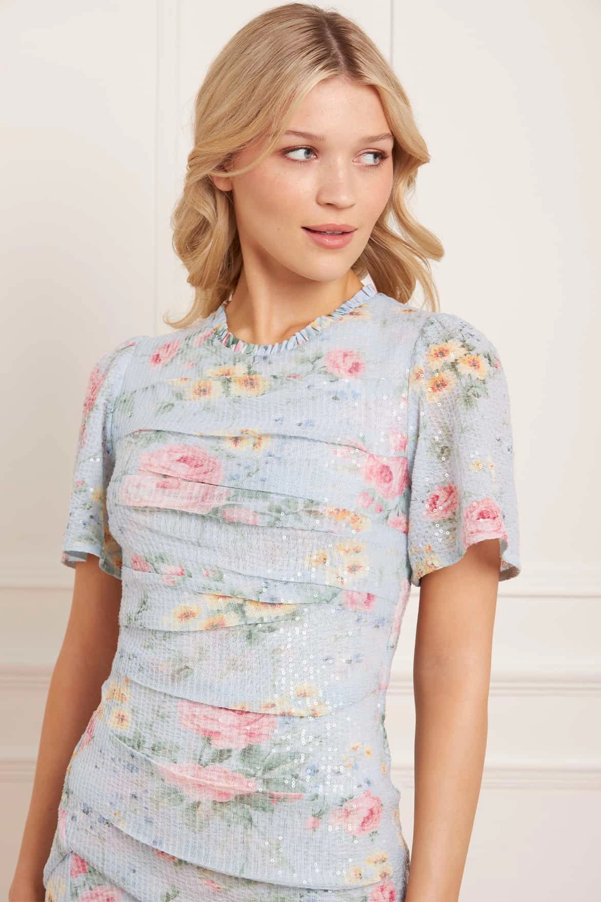 ruffle trim Pompadour Garden Sequin Gown