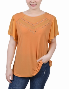 Water resistant coating Compact Weave Fabric Studded Short Flutter Sleeve Top With Mesh Details