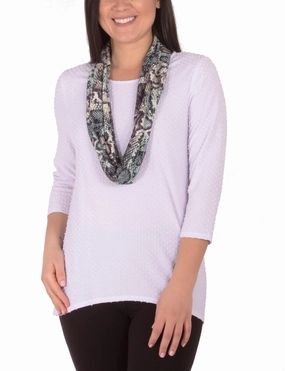 3/4 Sleeve Jewel Neck Top With Scarf ChafeFreeEdging MultiPanel Design