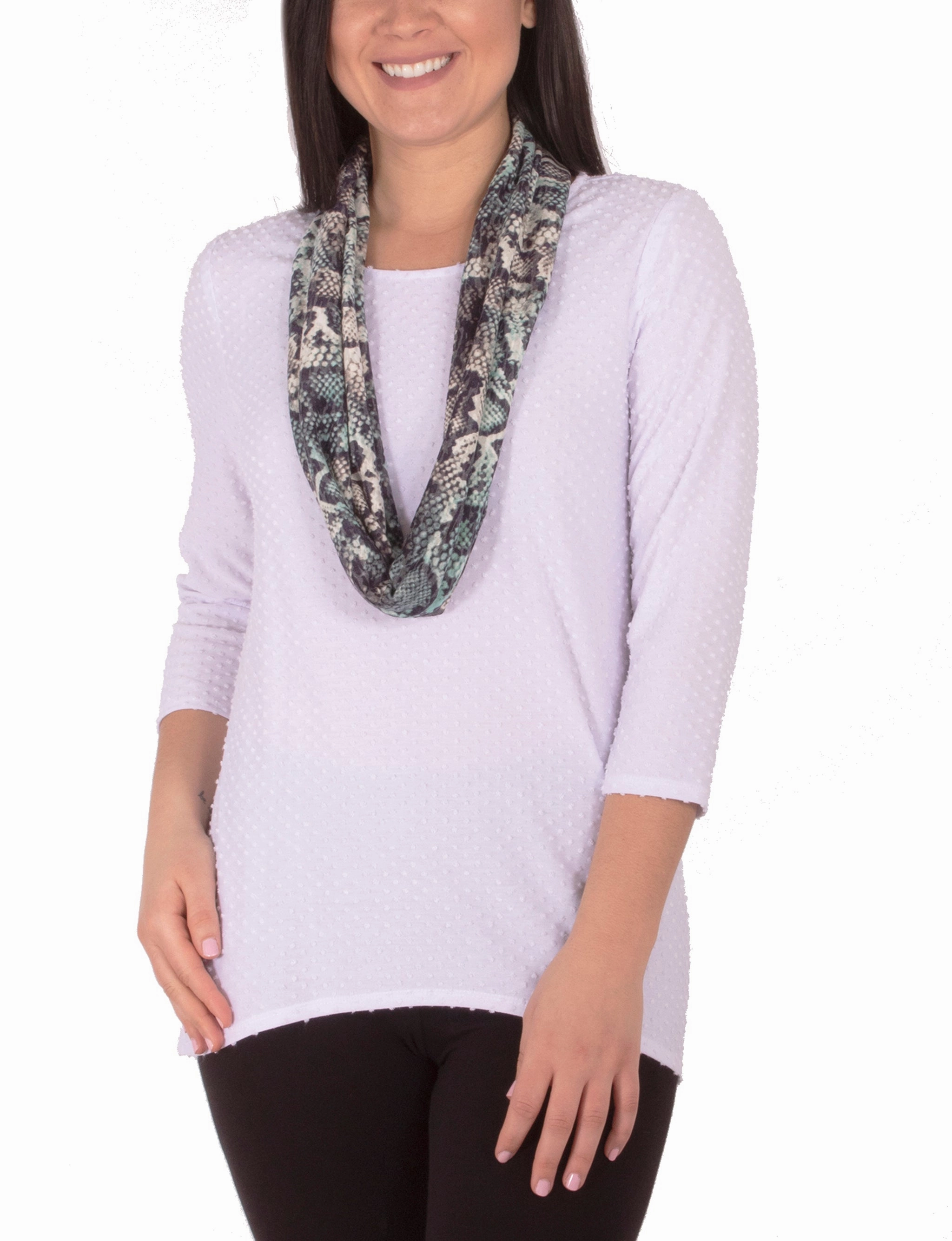 RibbedCollar 3/4 Sleeve Jewel Neck Top With Scarf