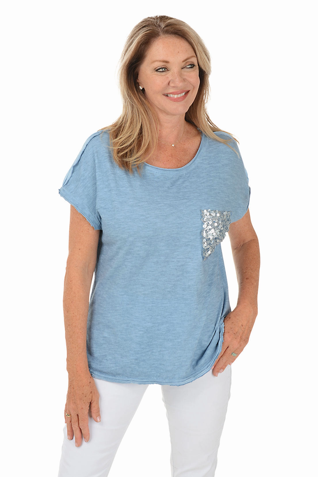 UPF Protective Fabric LightweightLayeredFabric Sequined Pocket Slub-Knit Tee