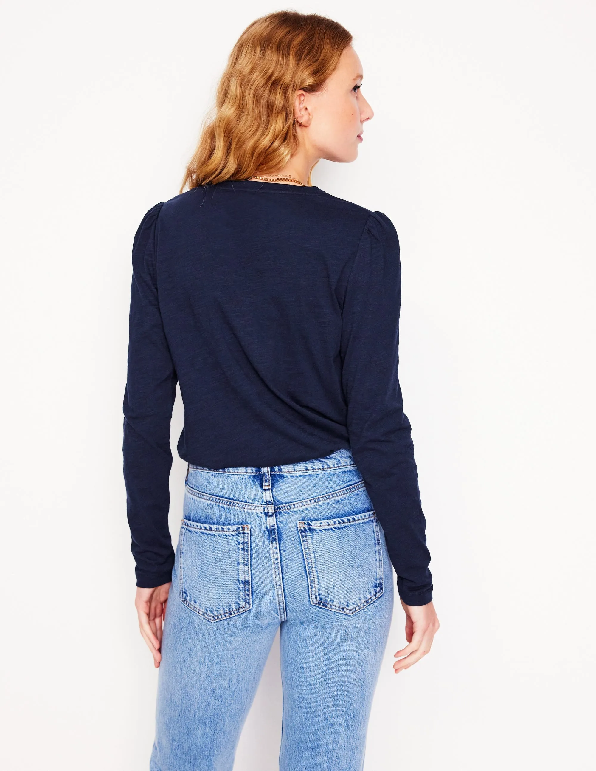 Button Down Collar Style Cotton Crew Long Sleeve Top-Navy