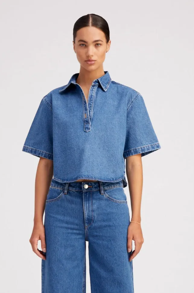Coco Denim Cropped Oversized Henley Shirt Simple Style