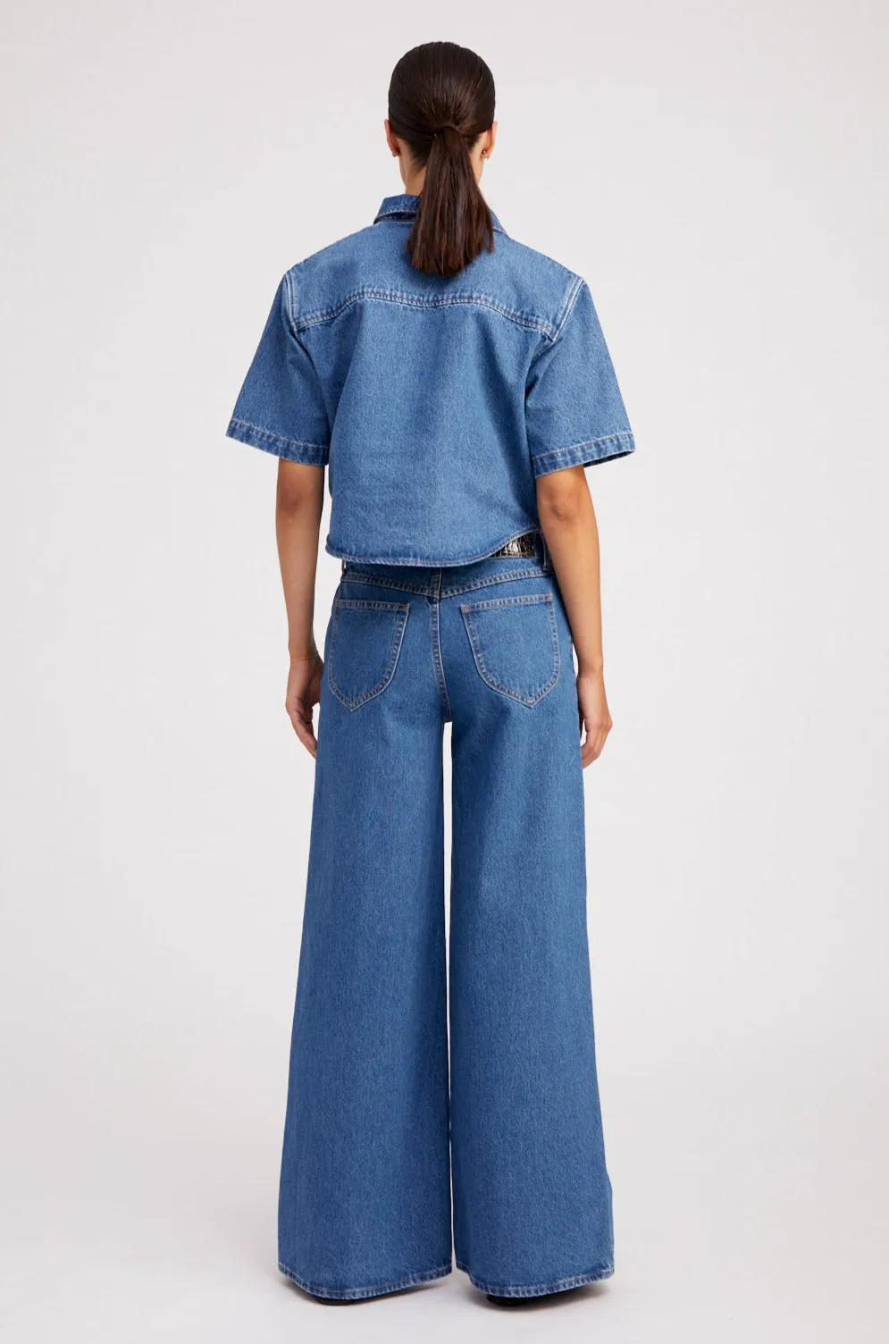 Coco Denim Cropped Oversized Henley Shirt Chic Tee