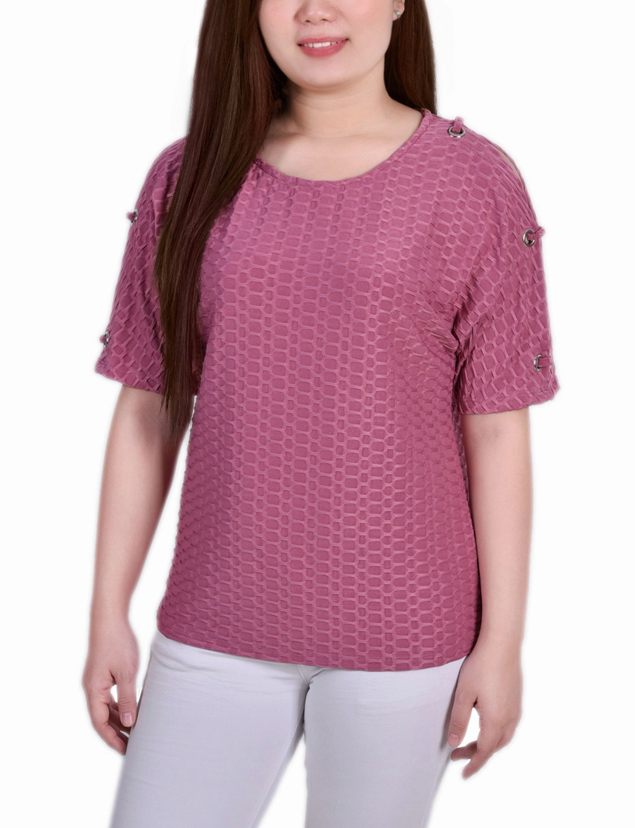Short Sleeve Honeycomb Textured Grommet Top QuickDrying