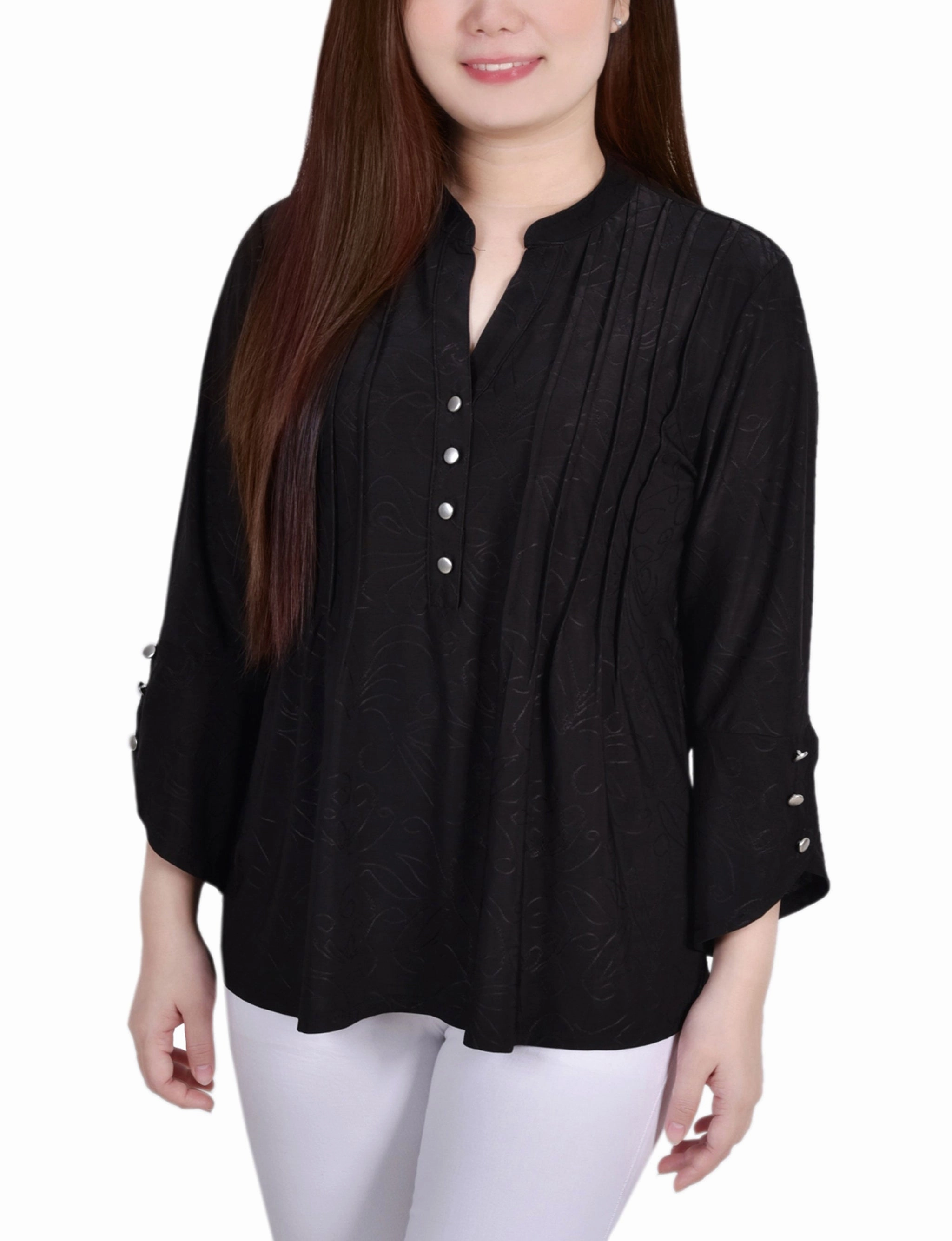 3/4 Sleeve Overlapped Bell Sleeve Y Neck Top Hypoallergenic Fiber
