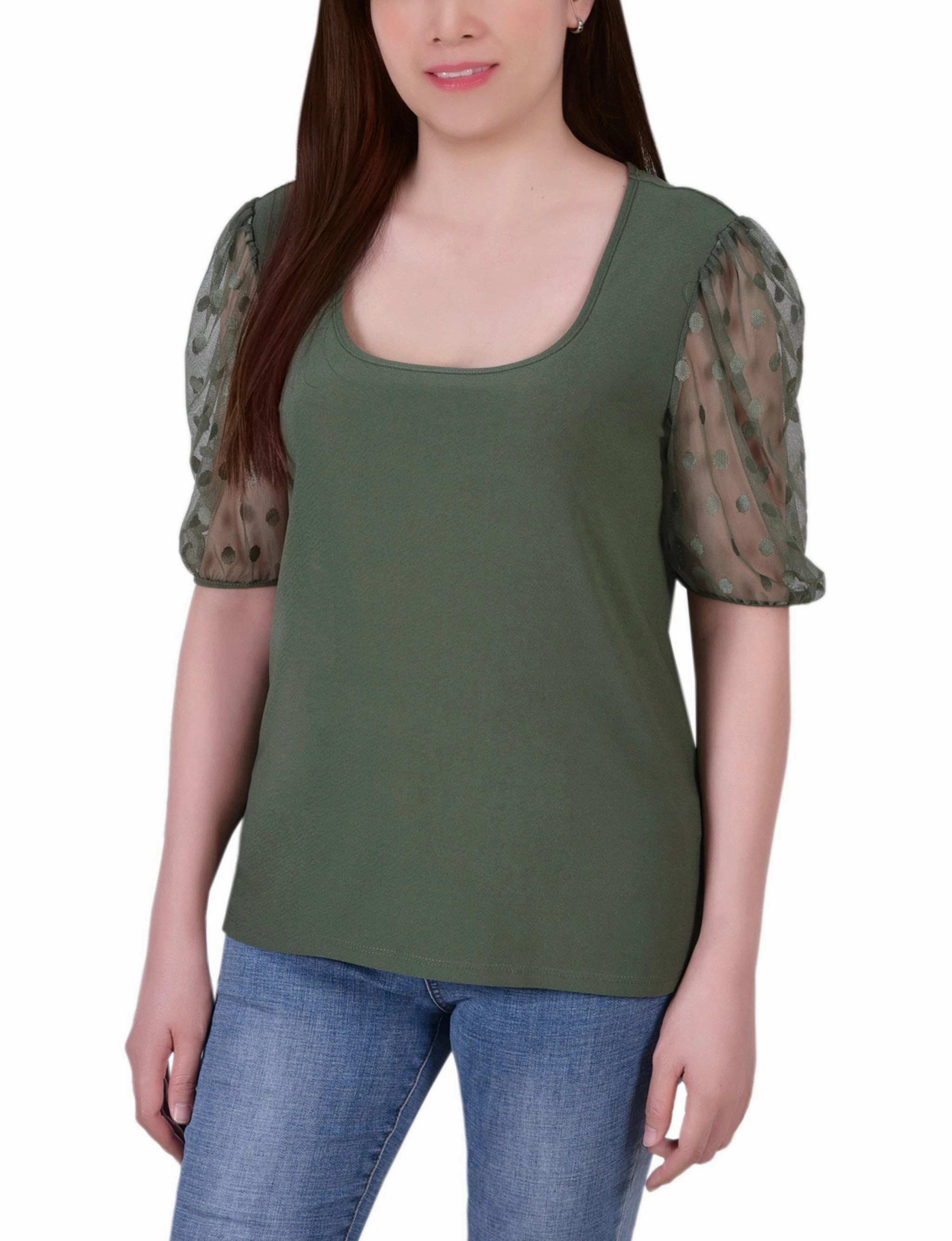 Petite Elbow Sleeve Crepe Top With Mesh Dotted Sleeves Hydrophobic Threadwork