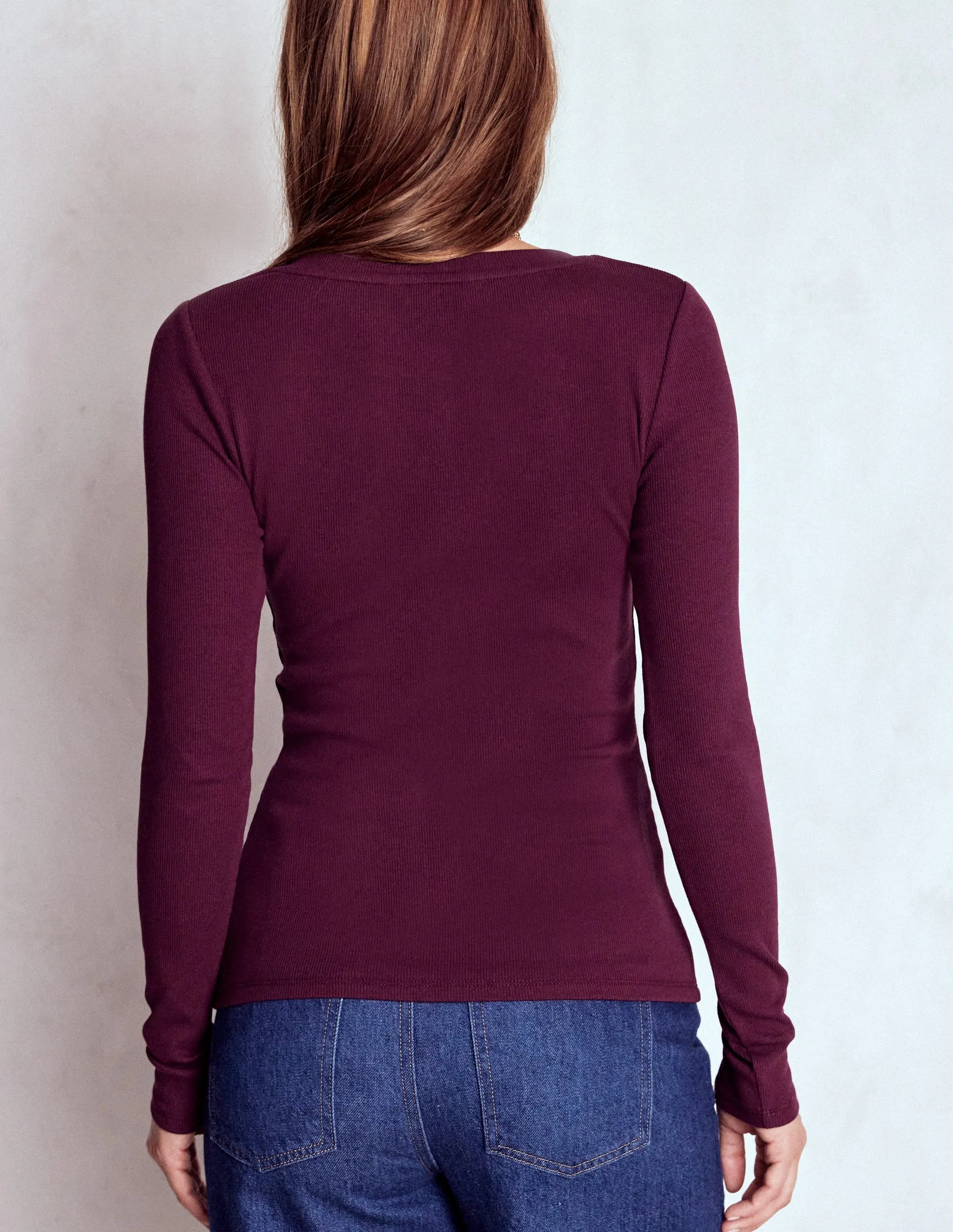 Evie Button Through Ribbed Top-Bordeaux Flexible Knit Fabric