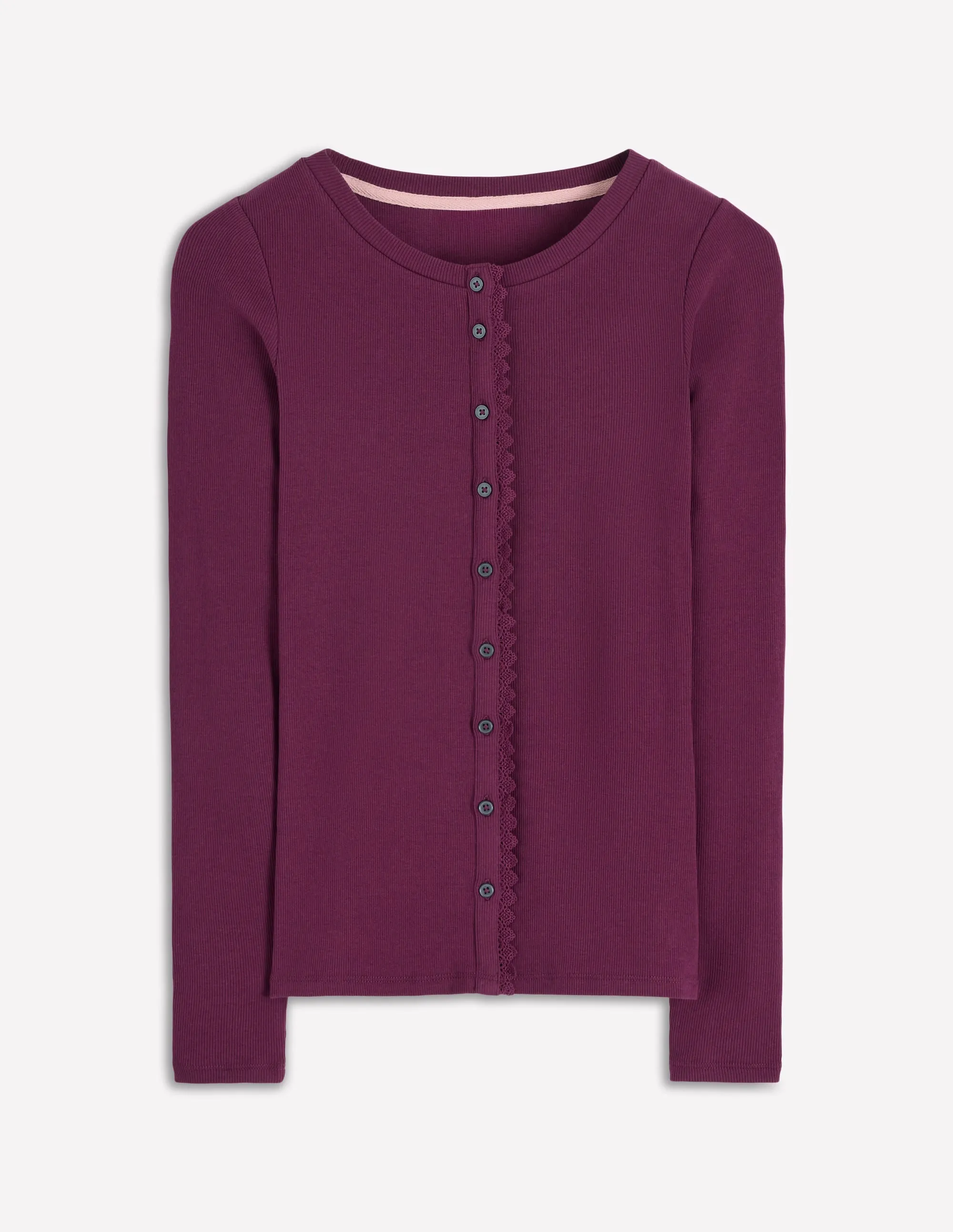 Ergonomic Shoulder Shape Evie Button Through Ribbed Top-Bordeaux