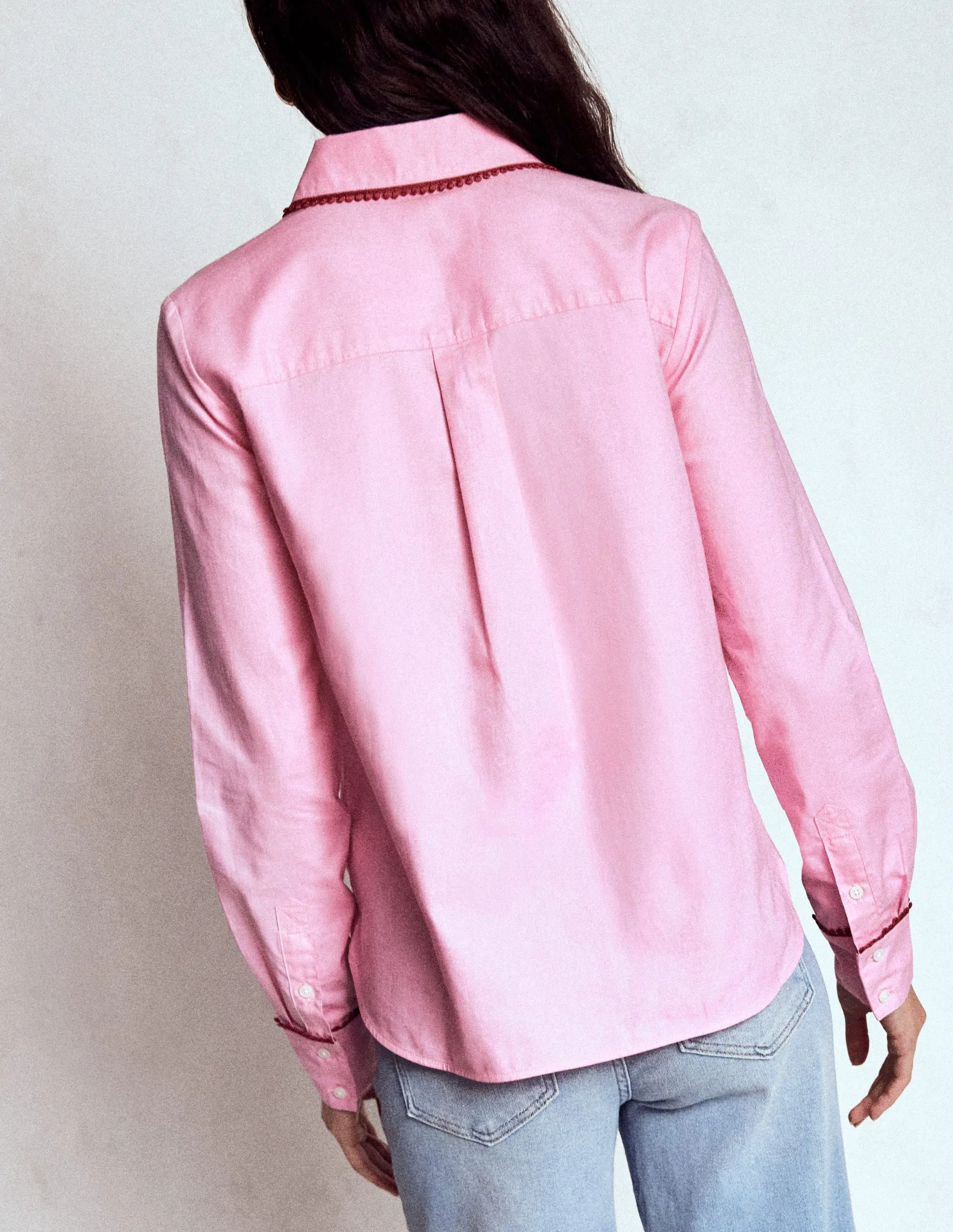 Sienna Interest Cotton Shirt-Pink, Pom Trim EcoCertified