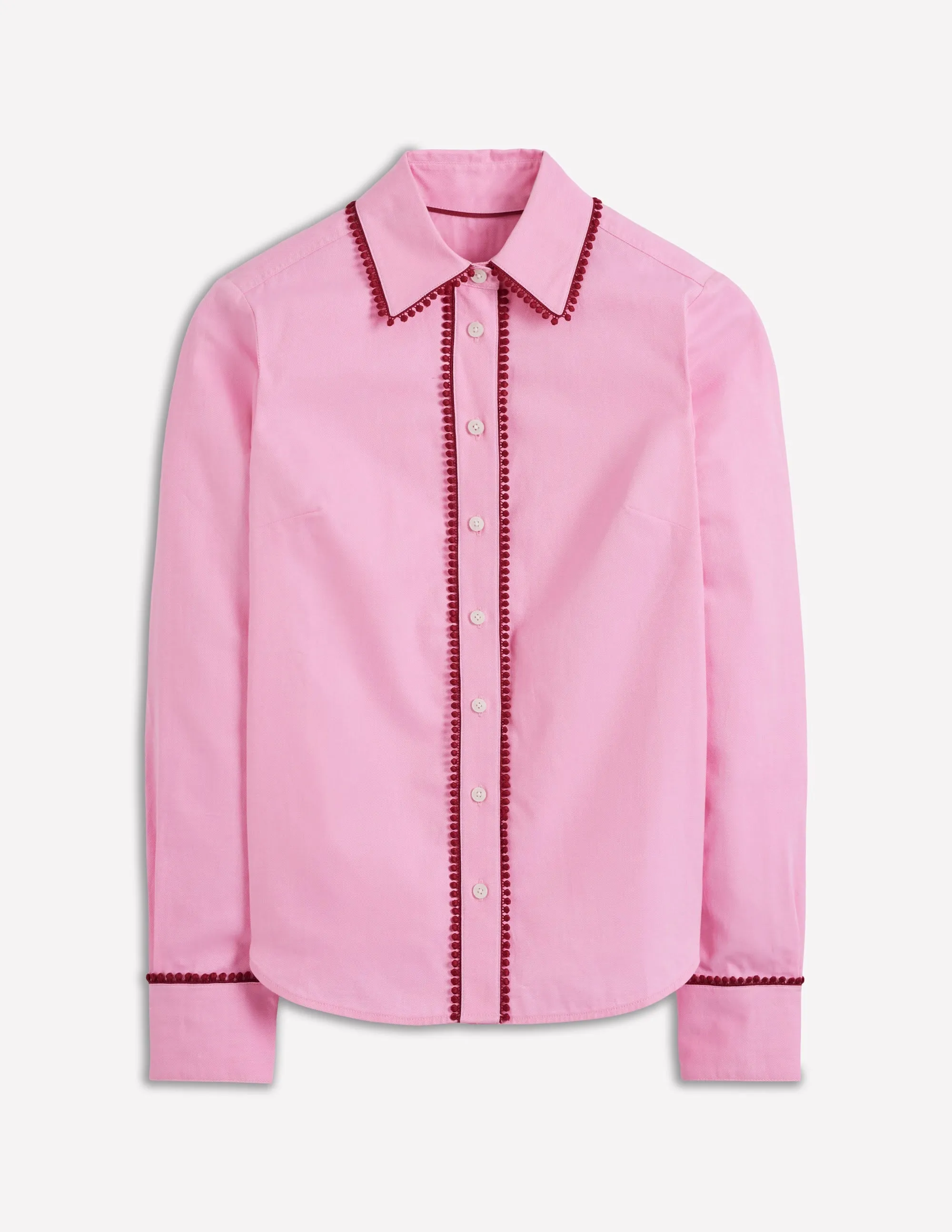 Sienna Interest Cotton Shirt-Pink, Pom Trim SoftTouch Organic Cotton Fiber