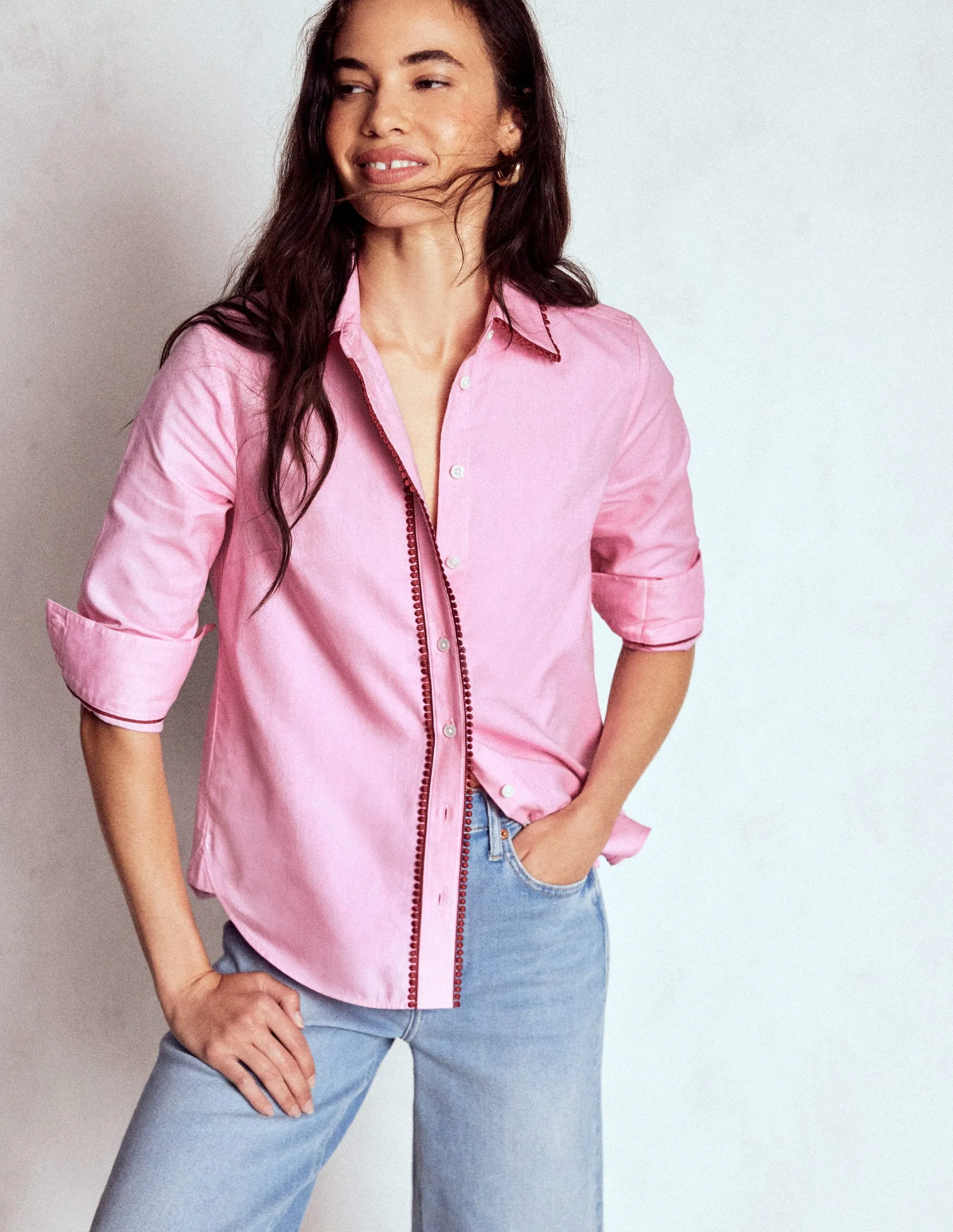 Contrast Stitching Eco Friendly Material Sienna Interest Cotton Shirt-Pink, Pom Trim